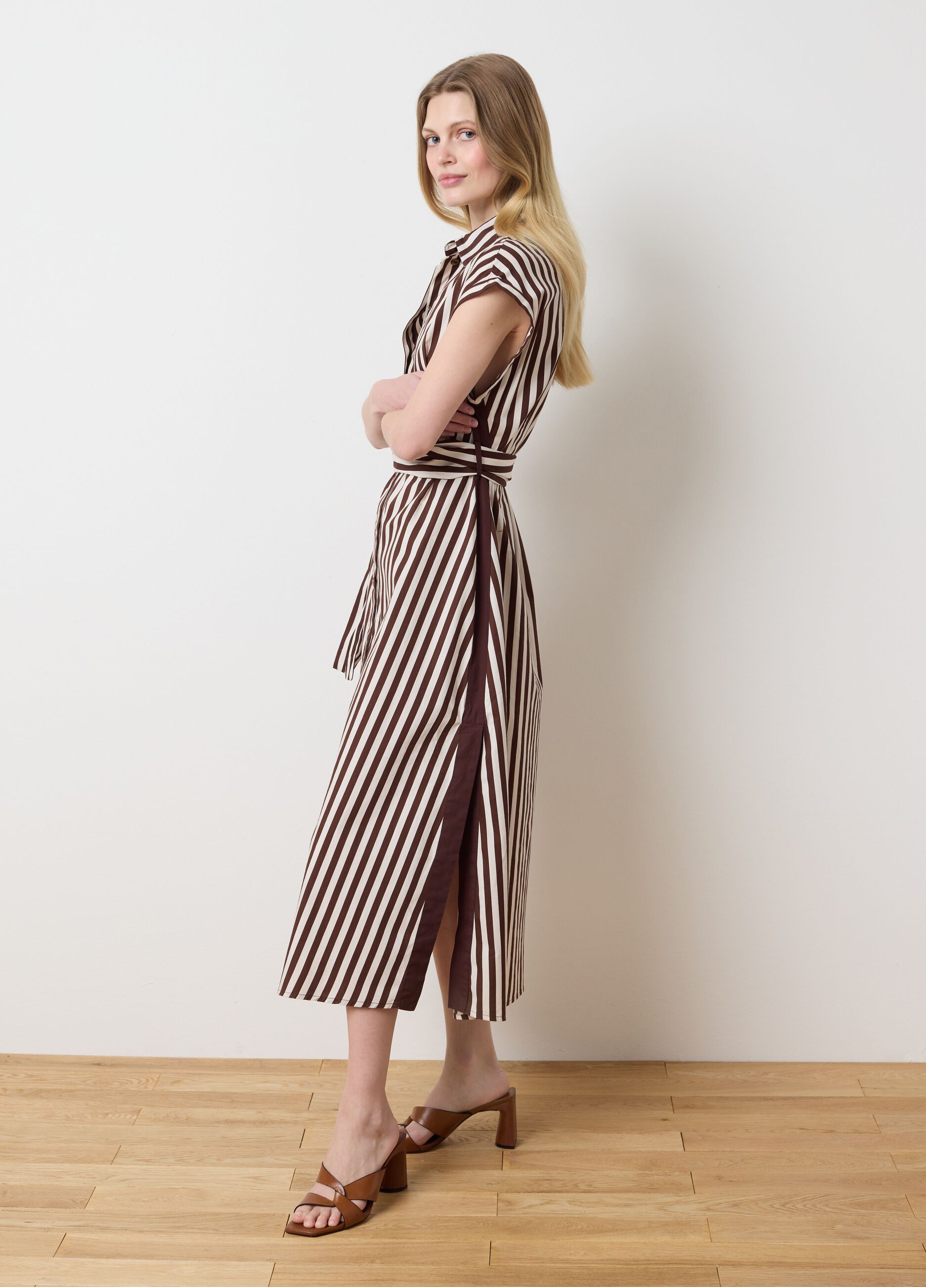 Long shirt dress with brown and white stripes