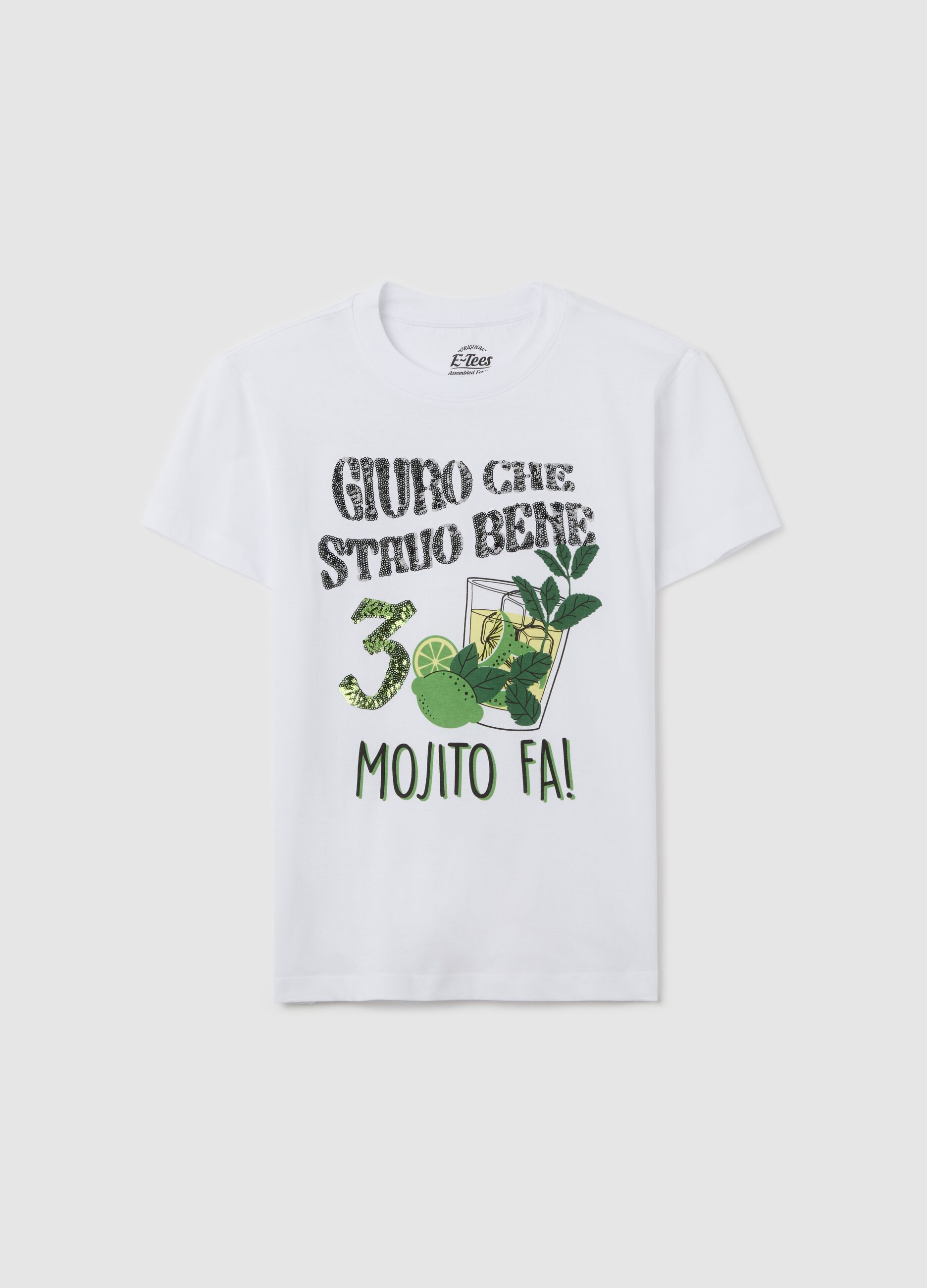 White T-shirt in cotton with sequins and mojito print