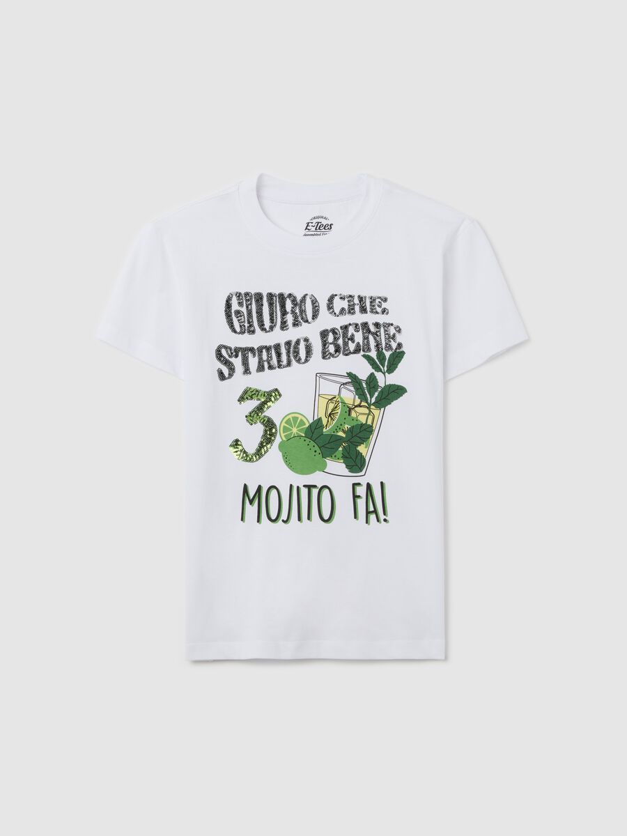 White T-shirt in cotton with sequins and mojito print_4