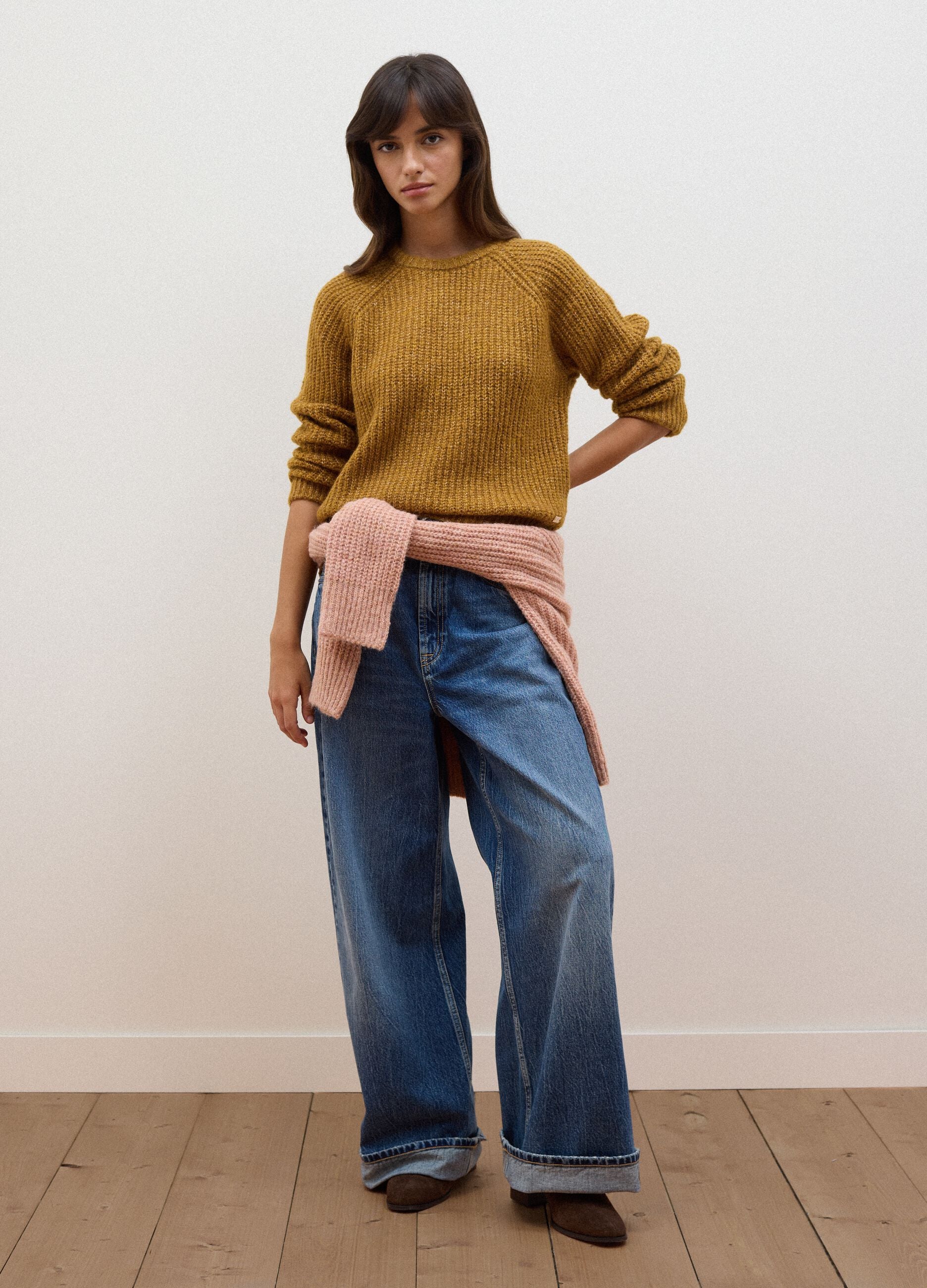 Yellow ribbed stretch wool jumper, regular fit