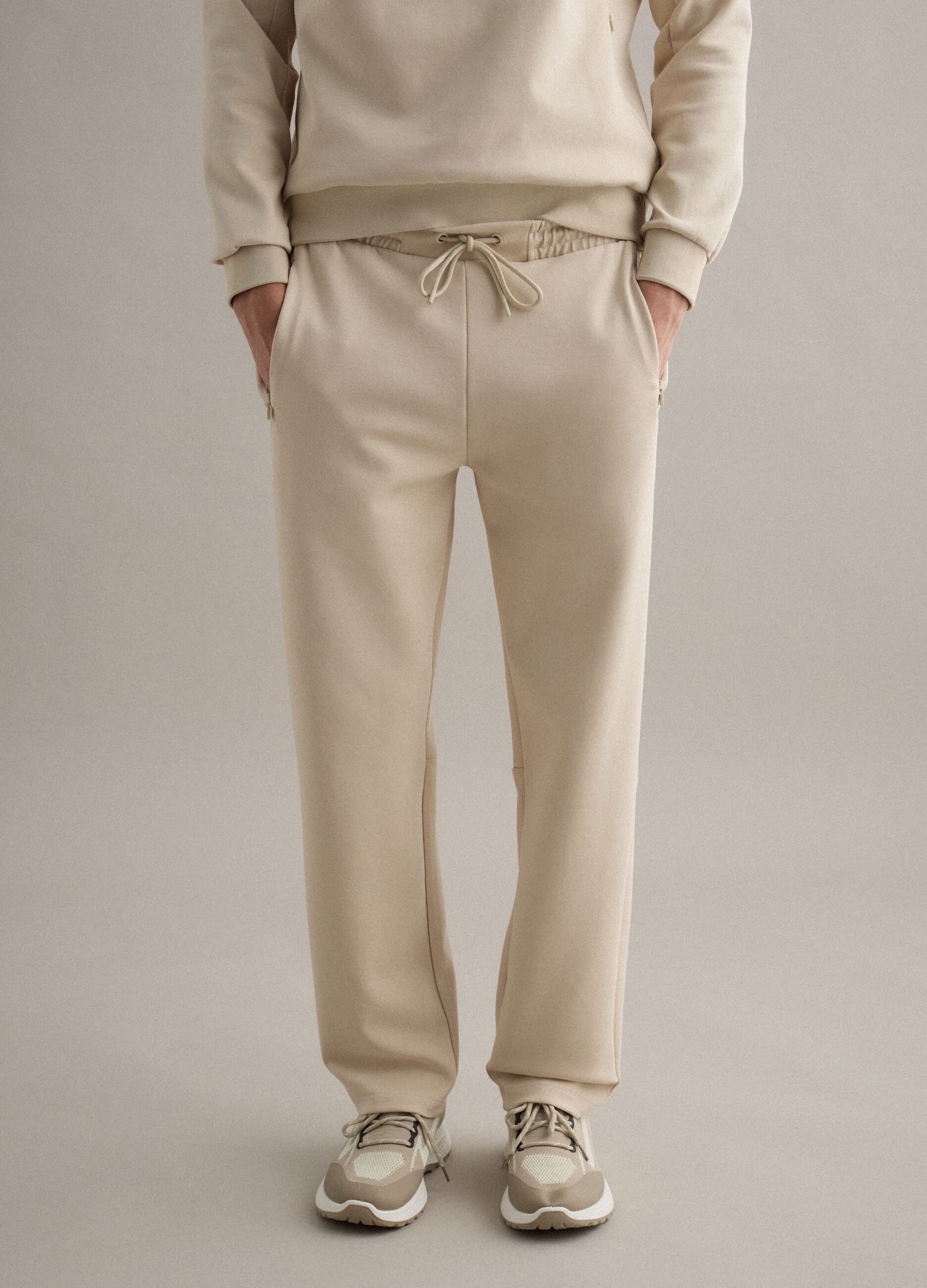 Beige Stretch Cotton Blend Joggers, Regular Fit