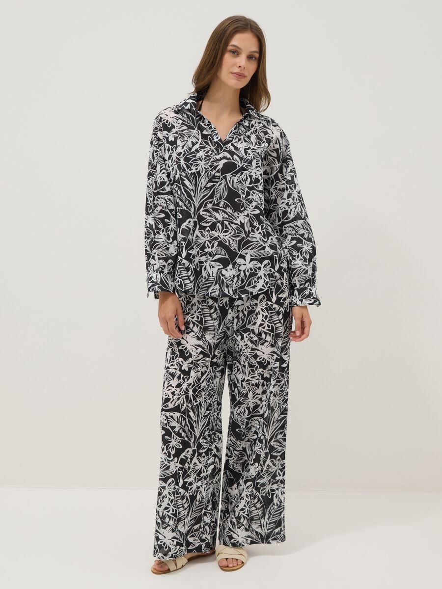Multicoloured pure cotton long trousers with floral print_0