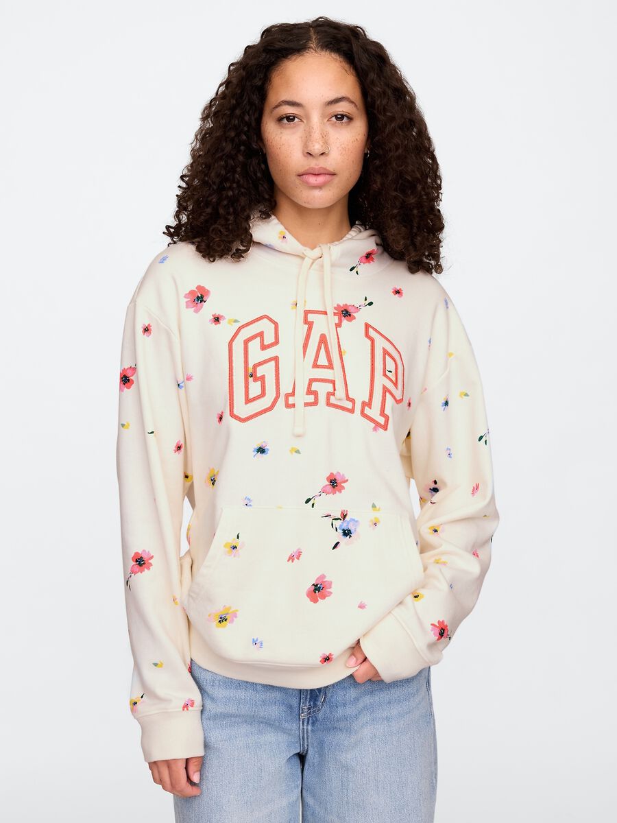 Beige Hooded Sweatshirt with Flowers and Gap Logo_0