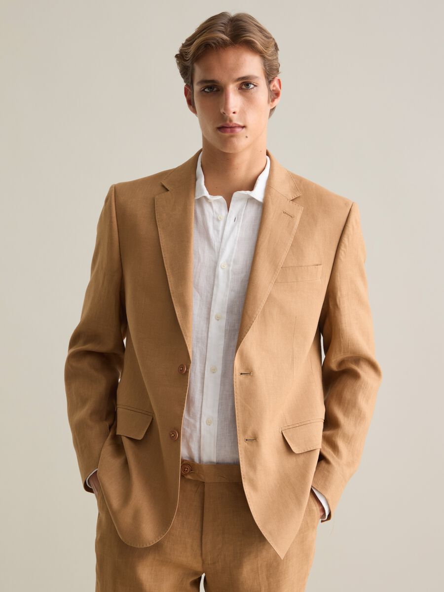 Men's brown pure linen slim fit blazer_0