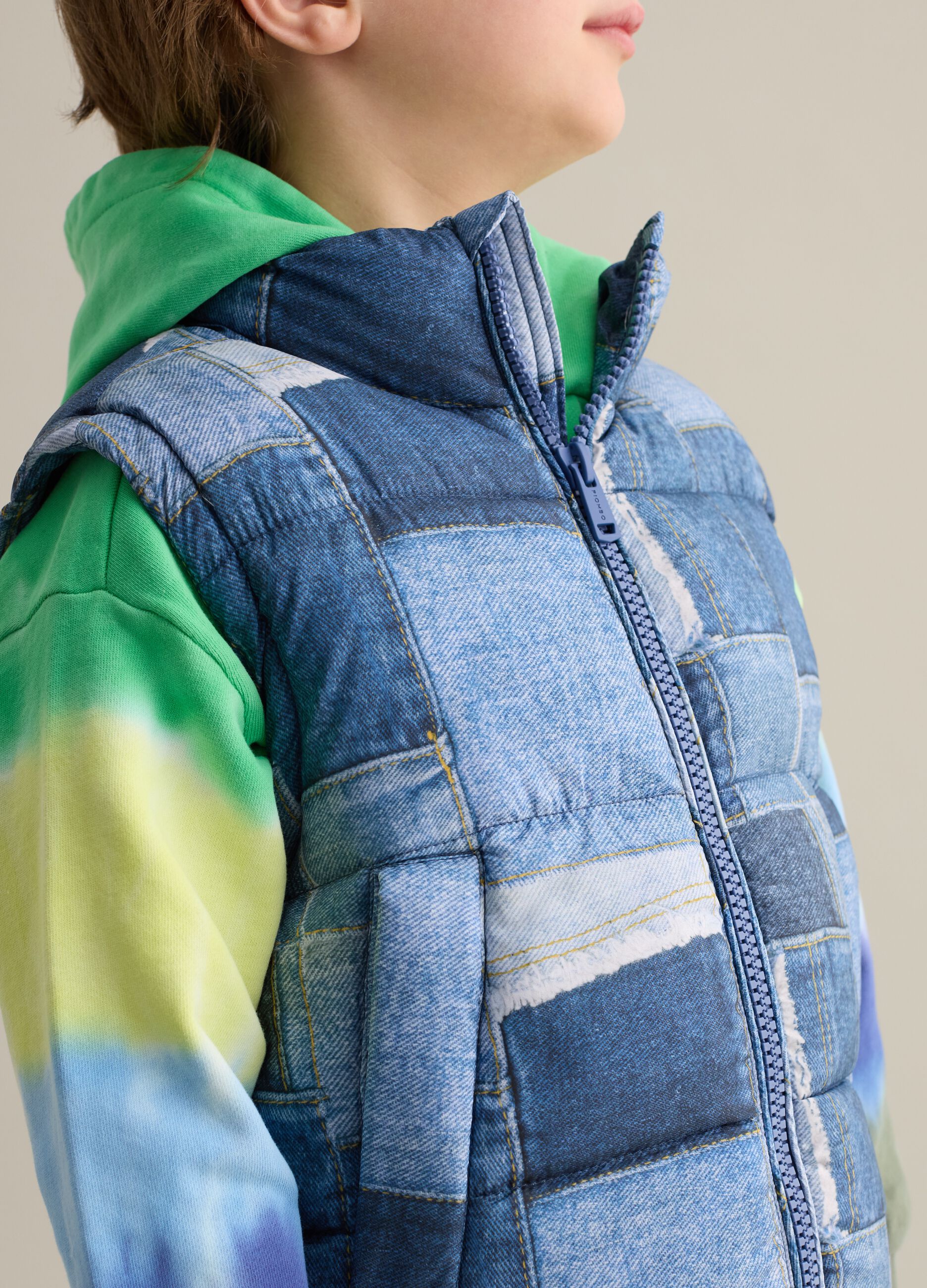 Padded gilet with denim-effect print