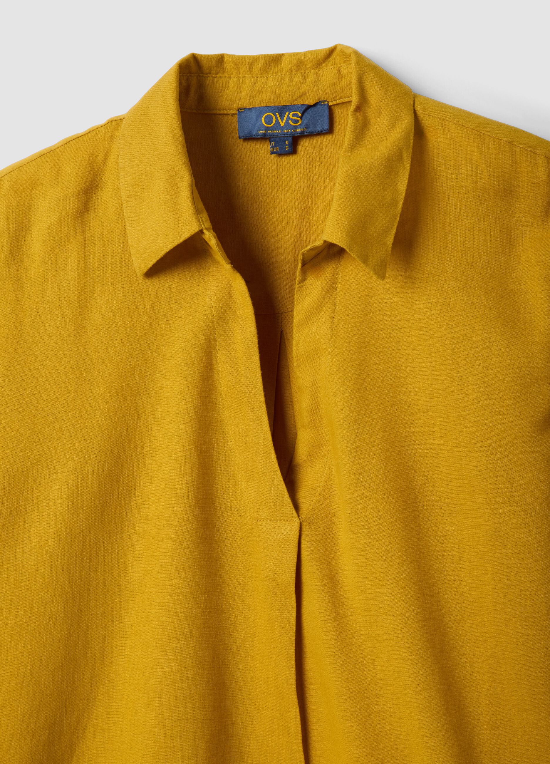Yellow linen and viscose blend regular-fit shirt with V-neck