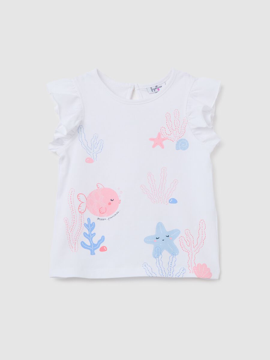 White tank top in cotton with print and flounce_0