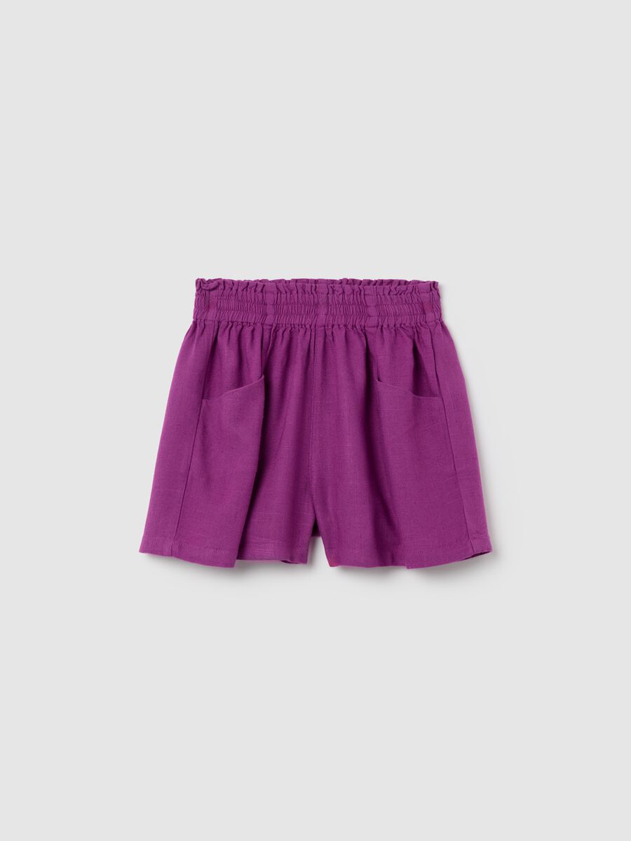 Purple wide-leg shorts in viscose and linen_0