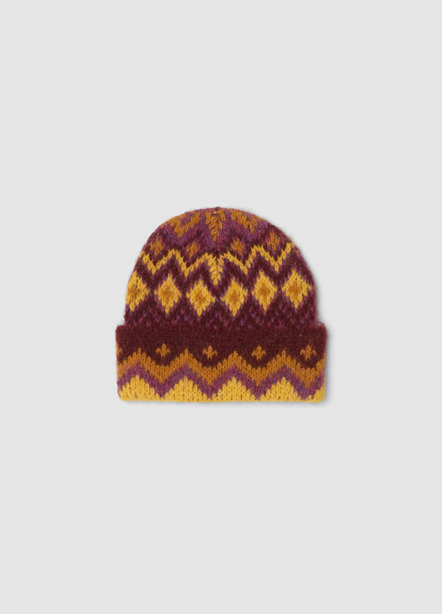 Cappello giallo e viola in lana elasticizzata jacquard