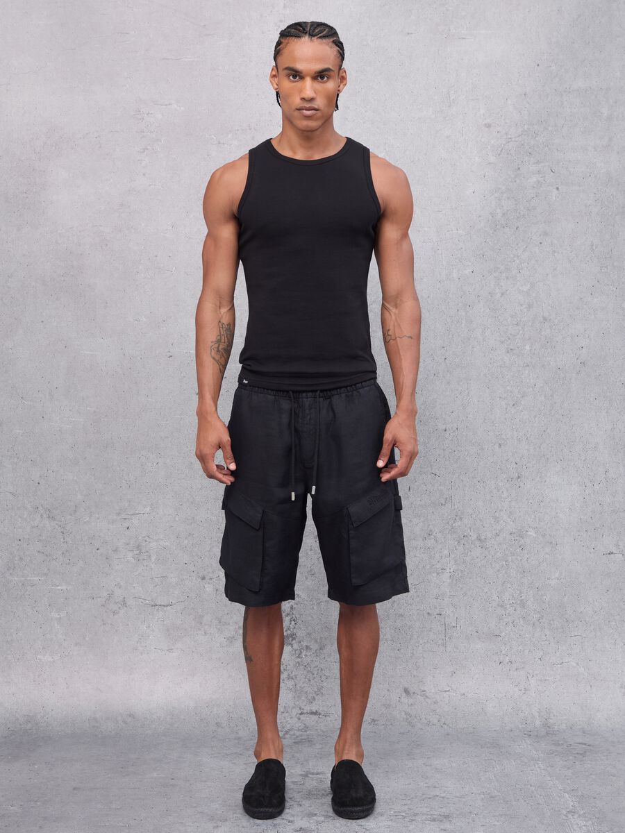 100% Linen Black Cargo Shorts_1
