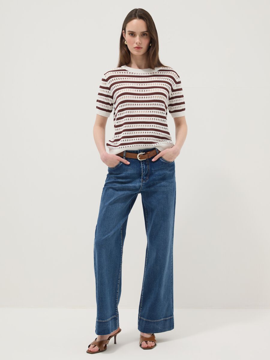 T-shirt a righe bianche e marroni in misto viscosa traforata regular fit_2