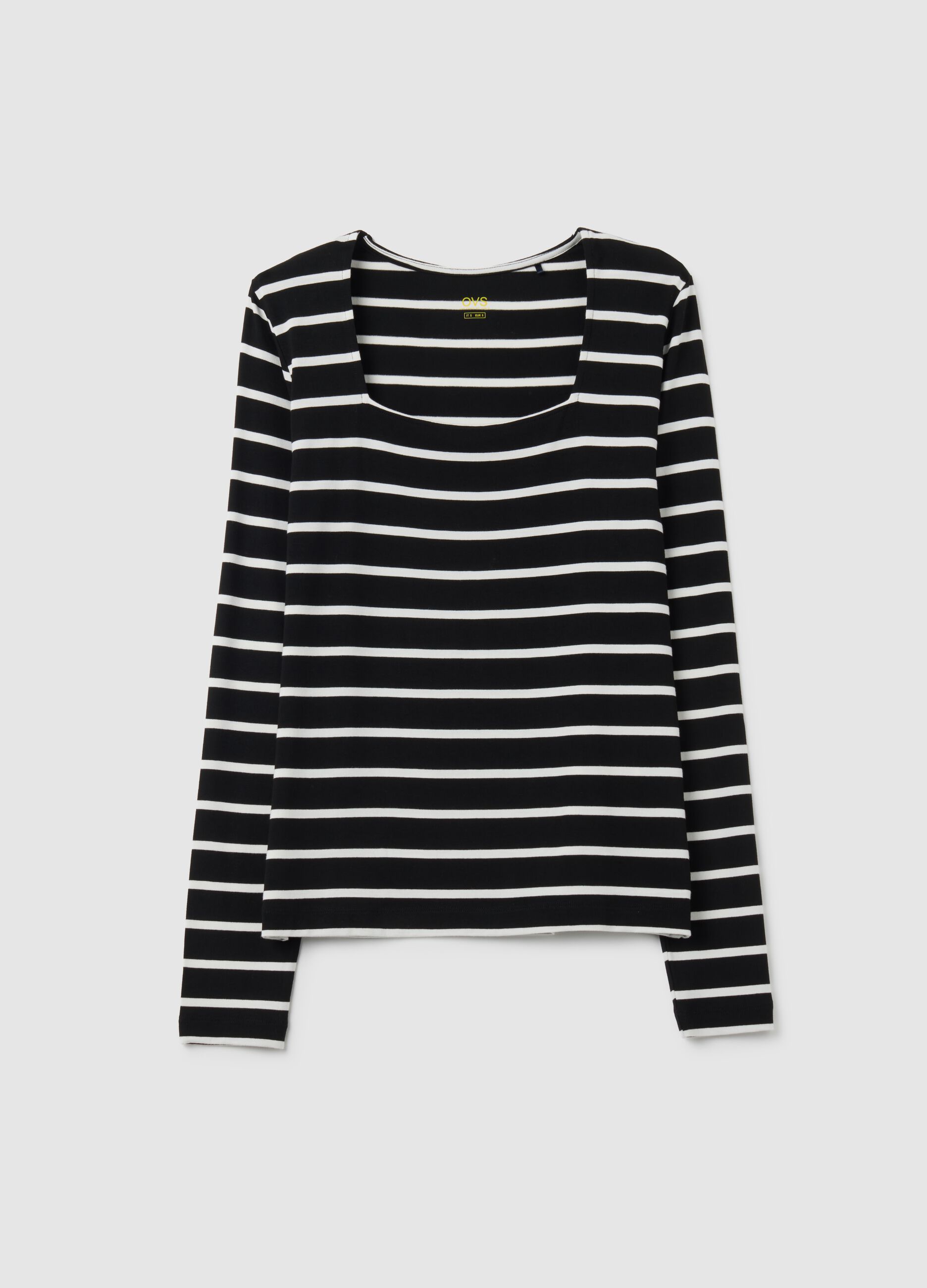 Black and white striped crew neck jumper