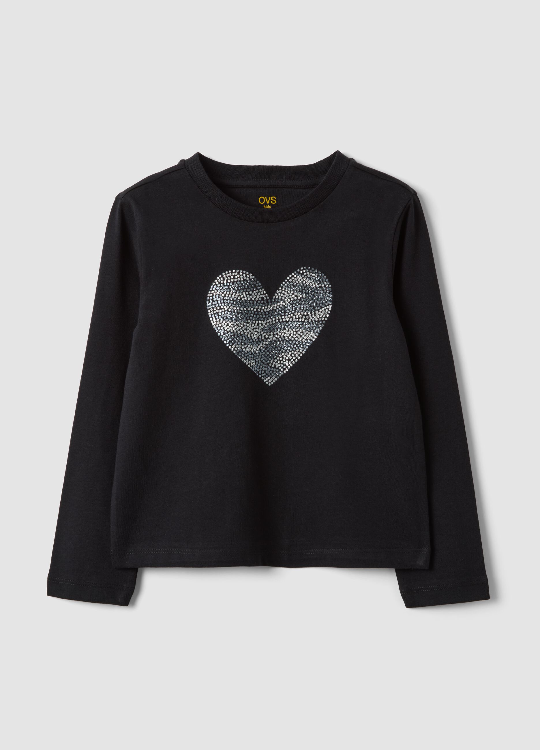 Girls&rsquo; black organic cotton T-shirt with heart print