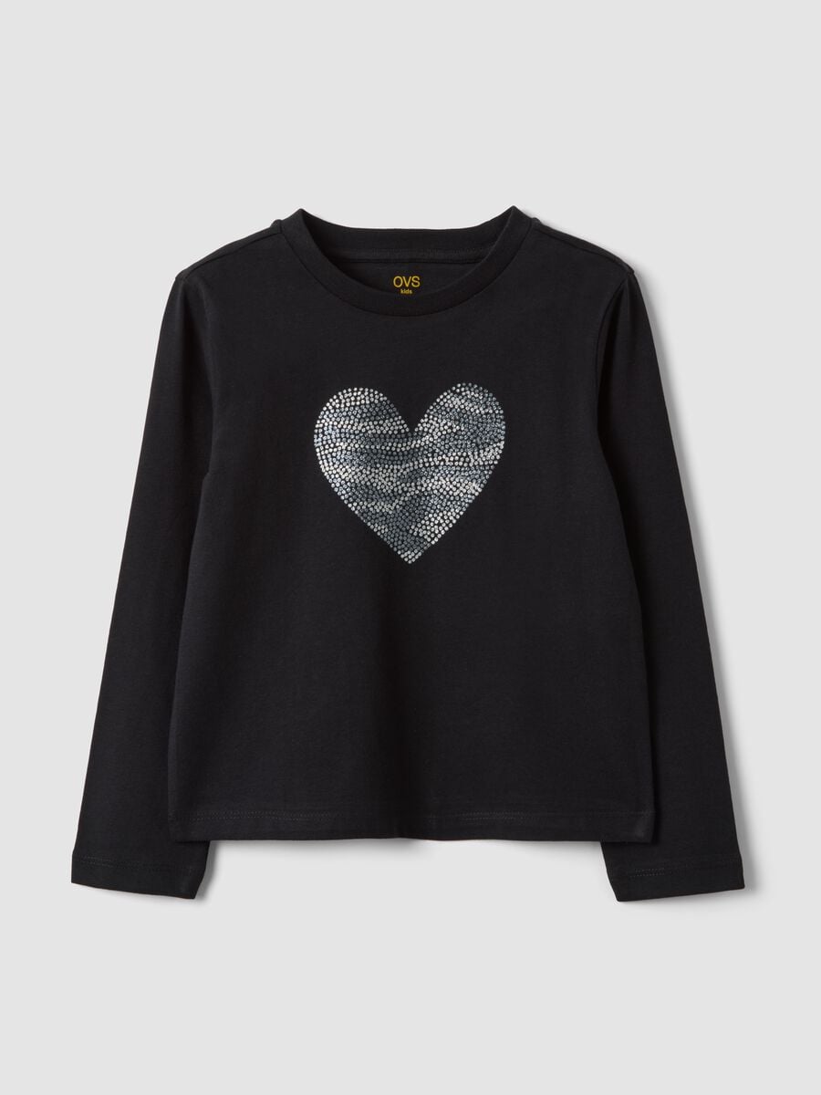 T-shirt nera in puro cotone organico con stampa cuore per bambina_0