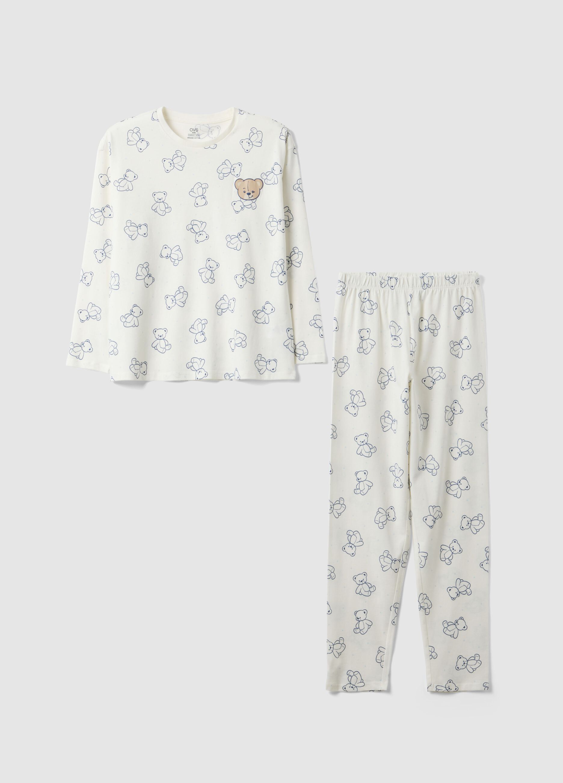 Girls' white regular fit pure cotton pyjamas with teddy bears
