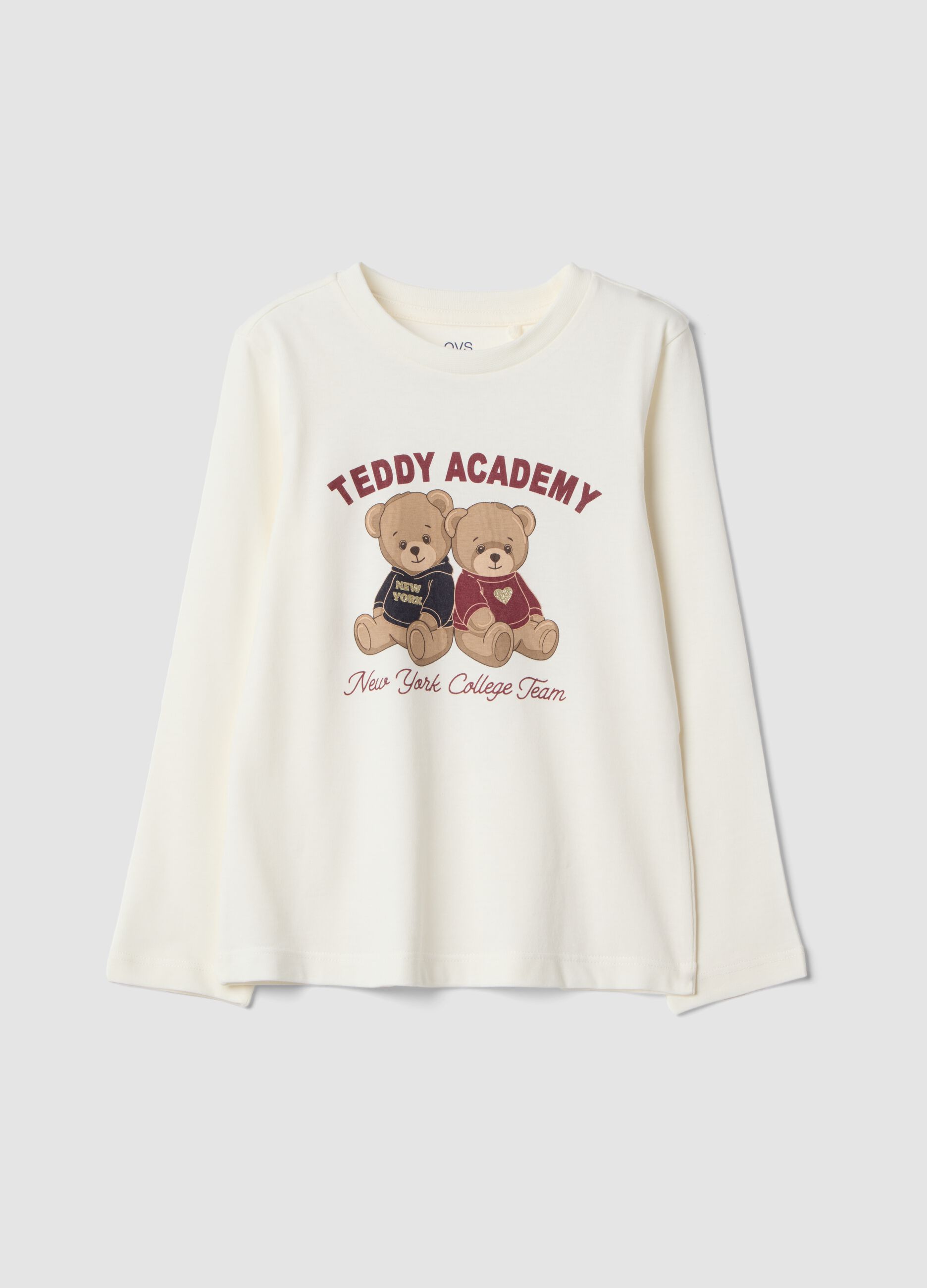 White pure organic cotton T-shirt with teddy print for girls