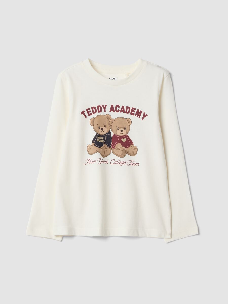 White pure organic cotton T-shirt with teddy print for girls_0