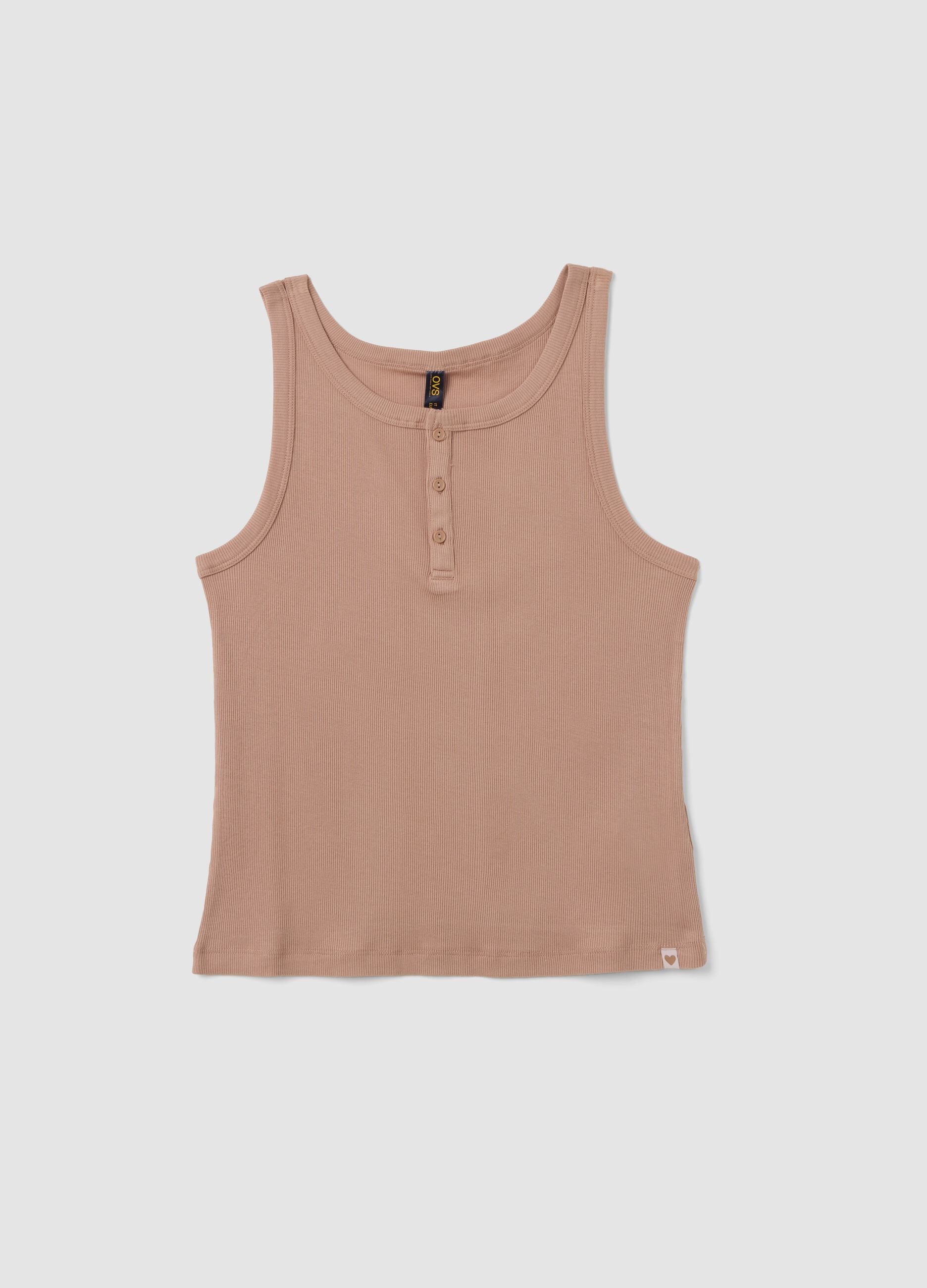 Beige ribbed cotton and viscose blend henley vest top