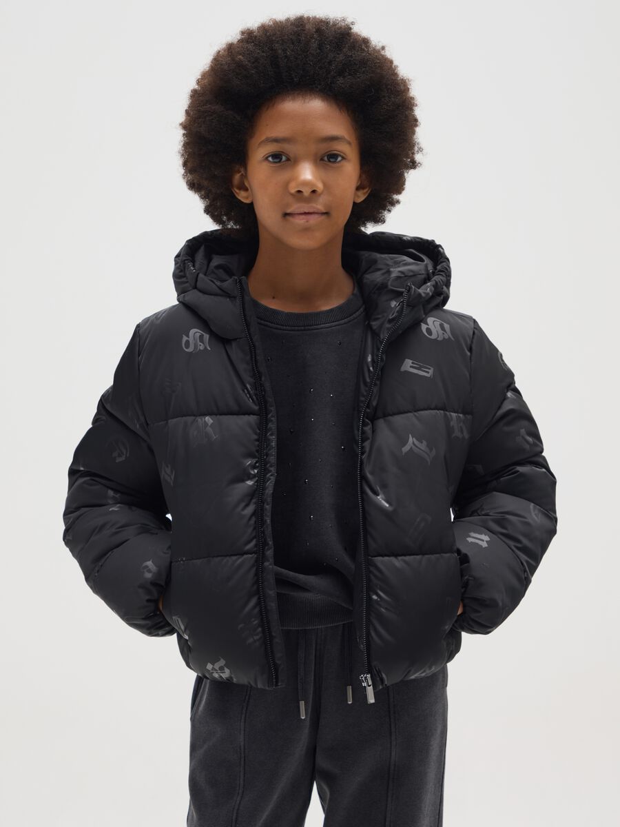 Black padded hooded jacket for girls_0