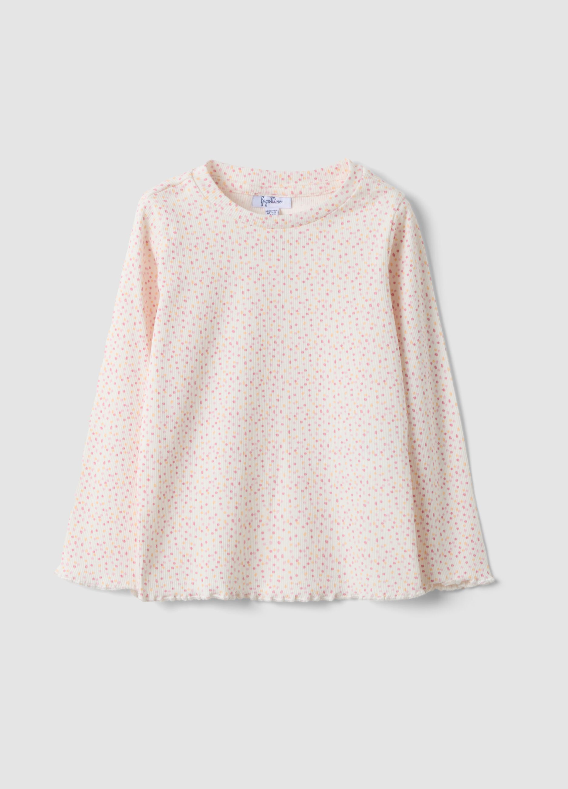 Maglietta bianca in cotone organico elasticizzato a pois slim fit per bimba