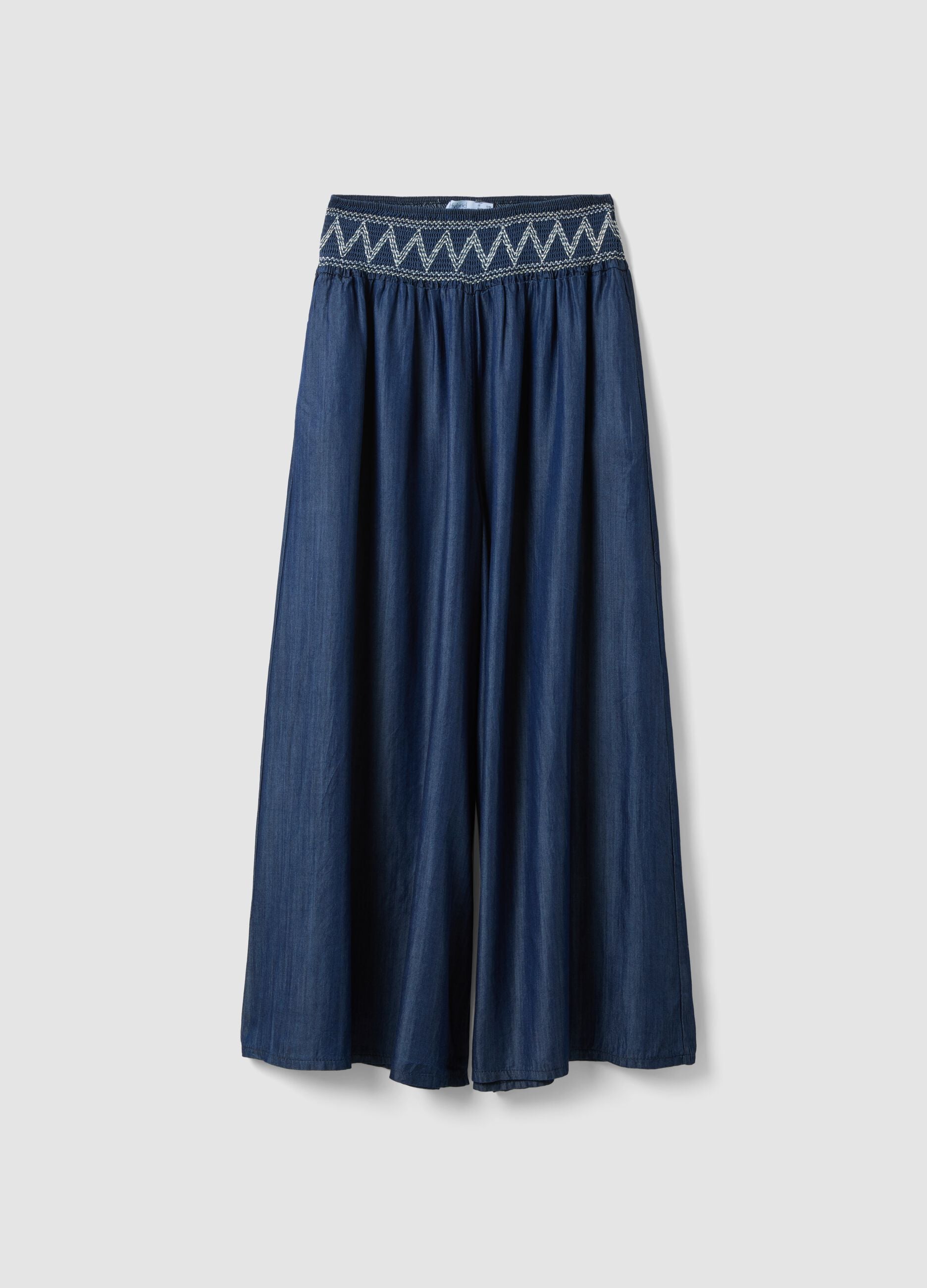 Wide-leg blue formal trousers in pure lyocell with embroidered waistband