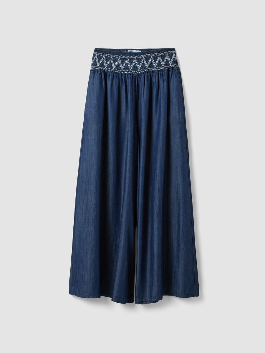 Wide-leg blue formal trousers in pure lyocell with embroidered waistband_4