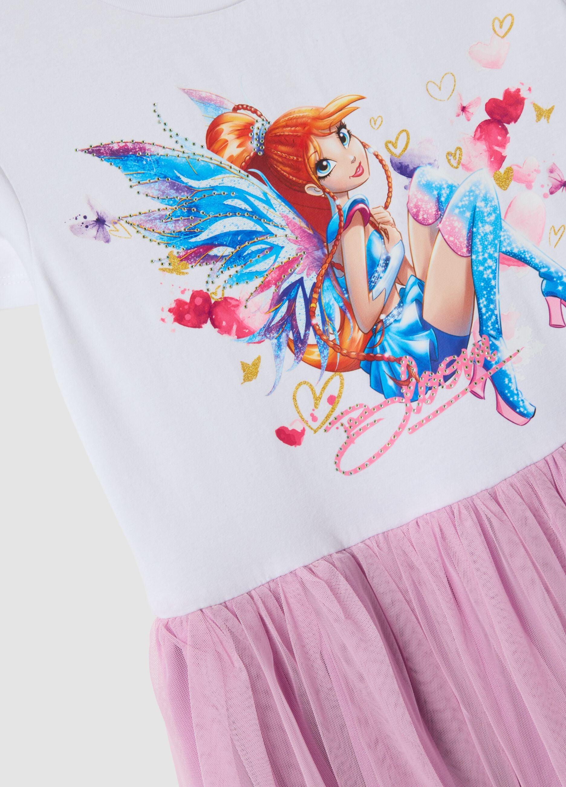 Abito mini rosa e bianco in cotone elasticizzato con tulle per bambina regular fit