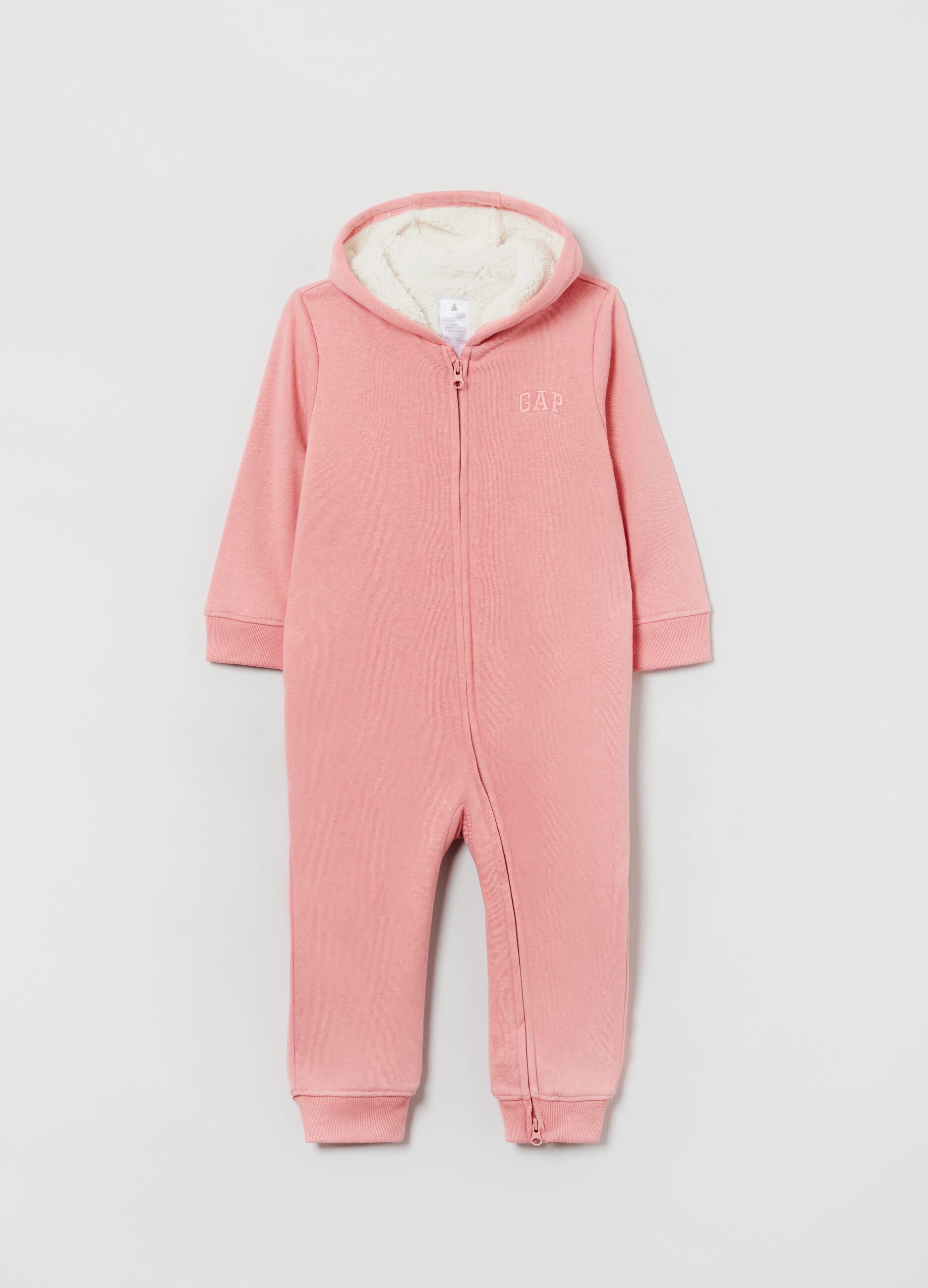 Onesie with hood and sherpa lining.