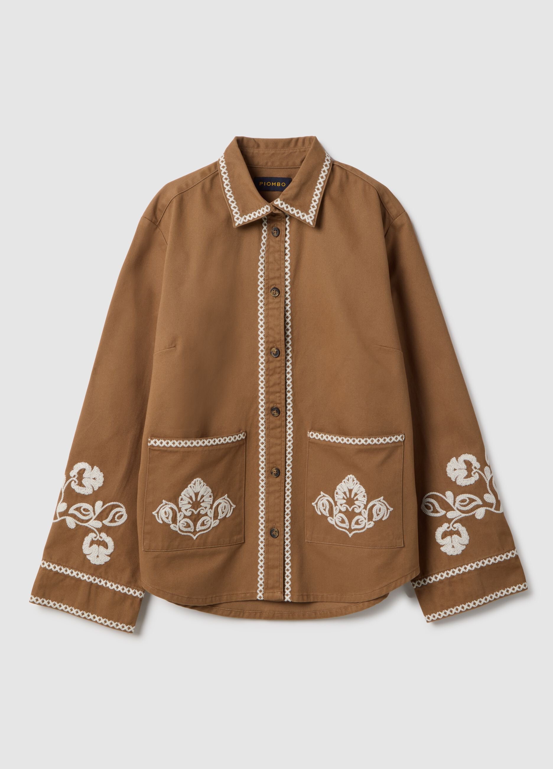 Camicia in puro cotone marrone regular fit con ricami a contrasto