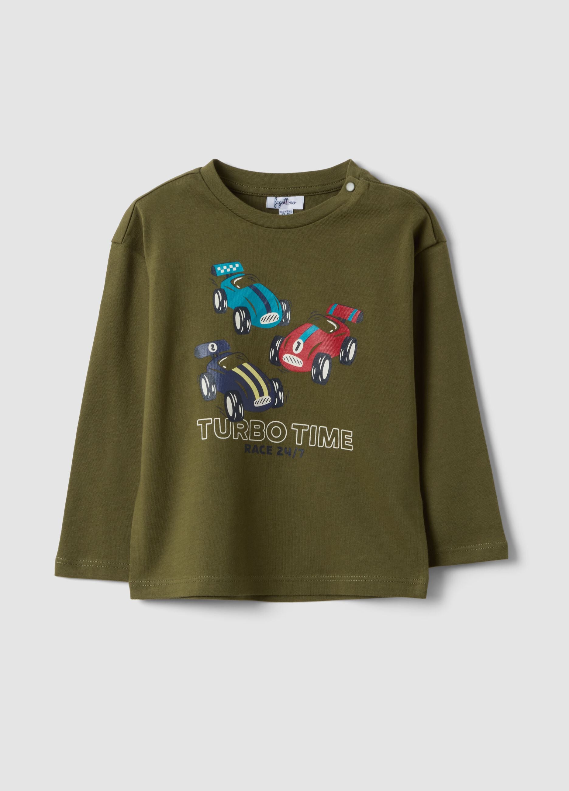Green organic cotton T-shirt with racing cars for baby boys