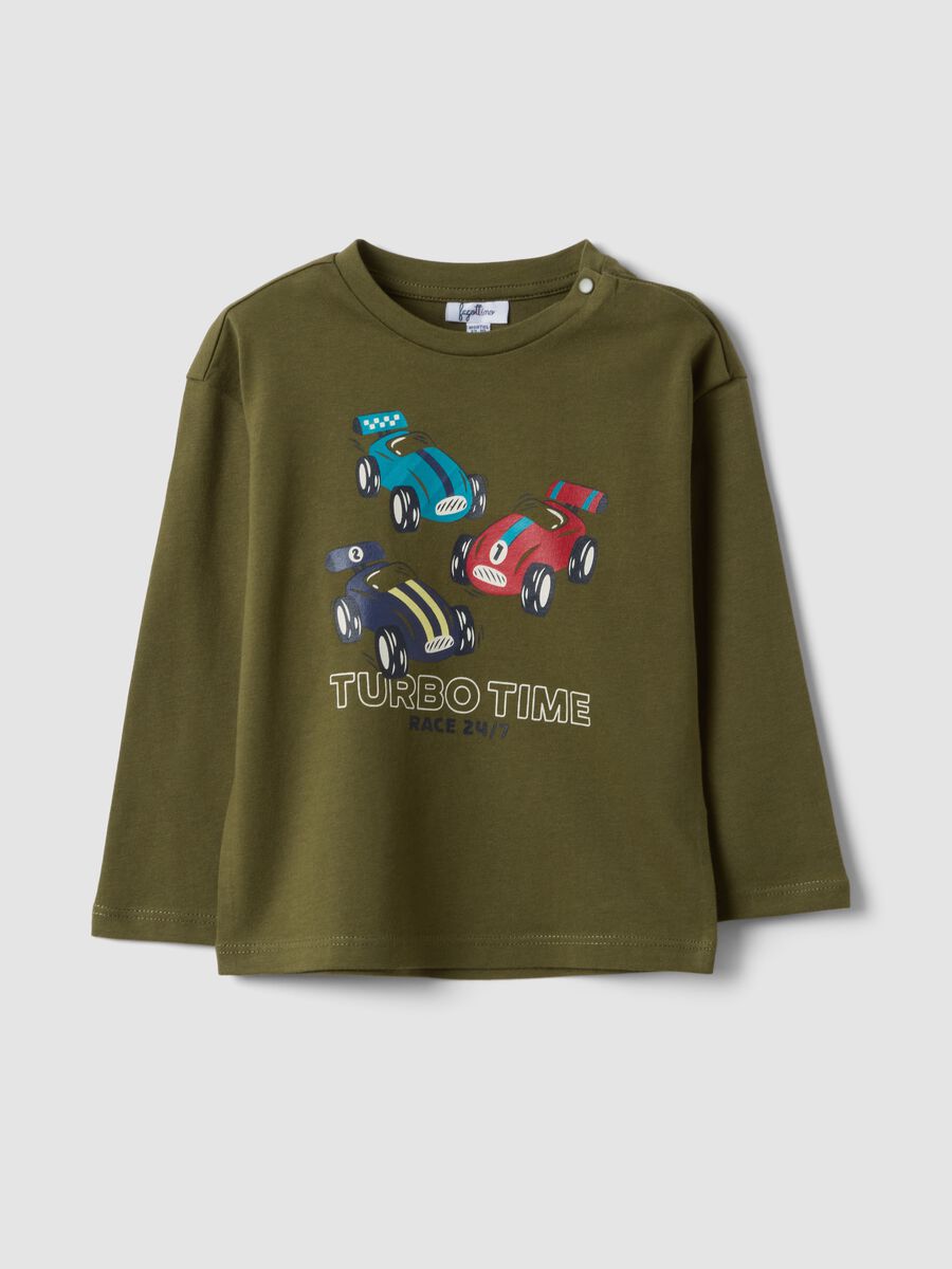 Green organic cotton T-shirt with racing cars for baby boys_0