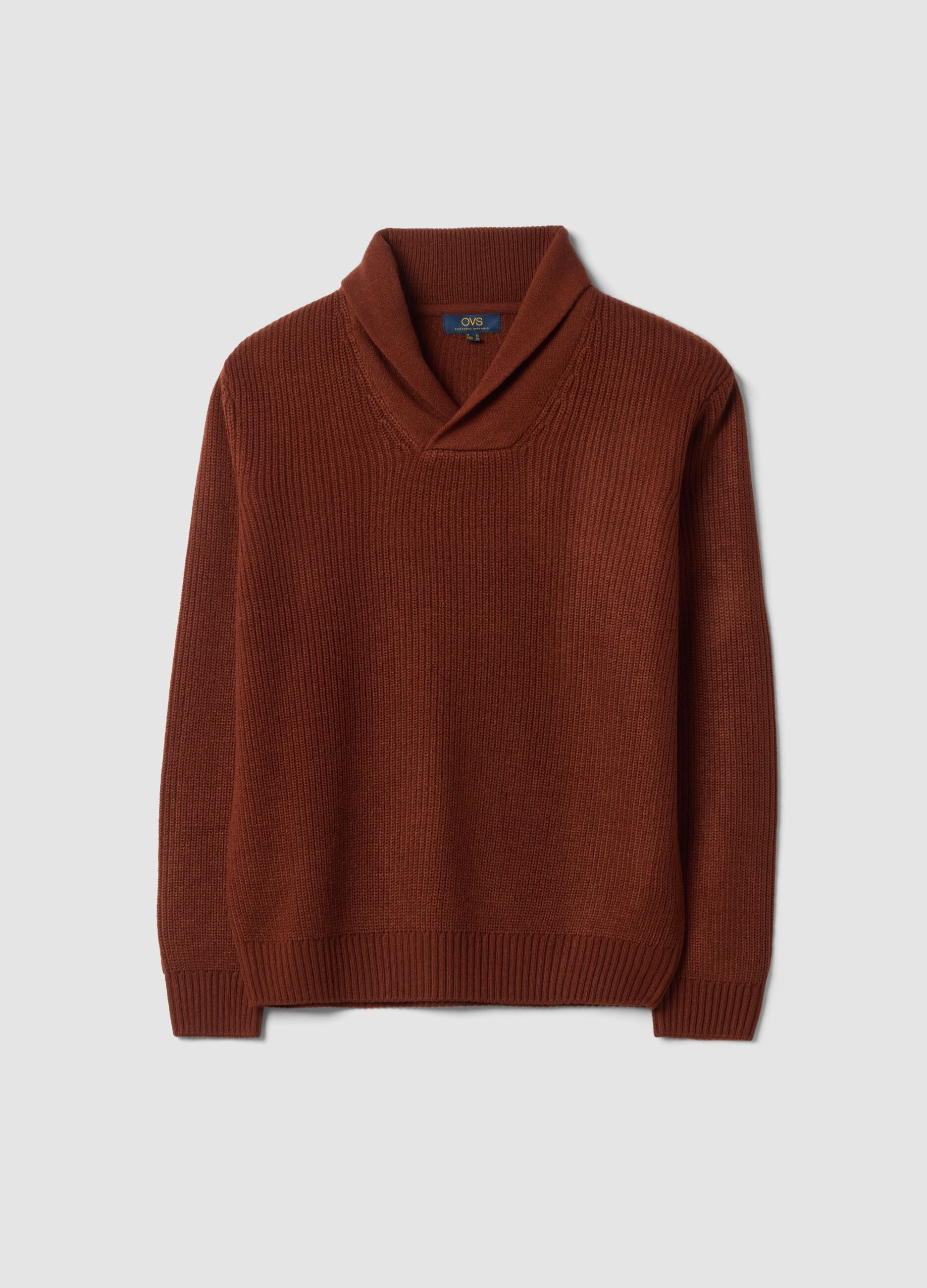 Brown ribbed jumper with shawl collar, regular fit