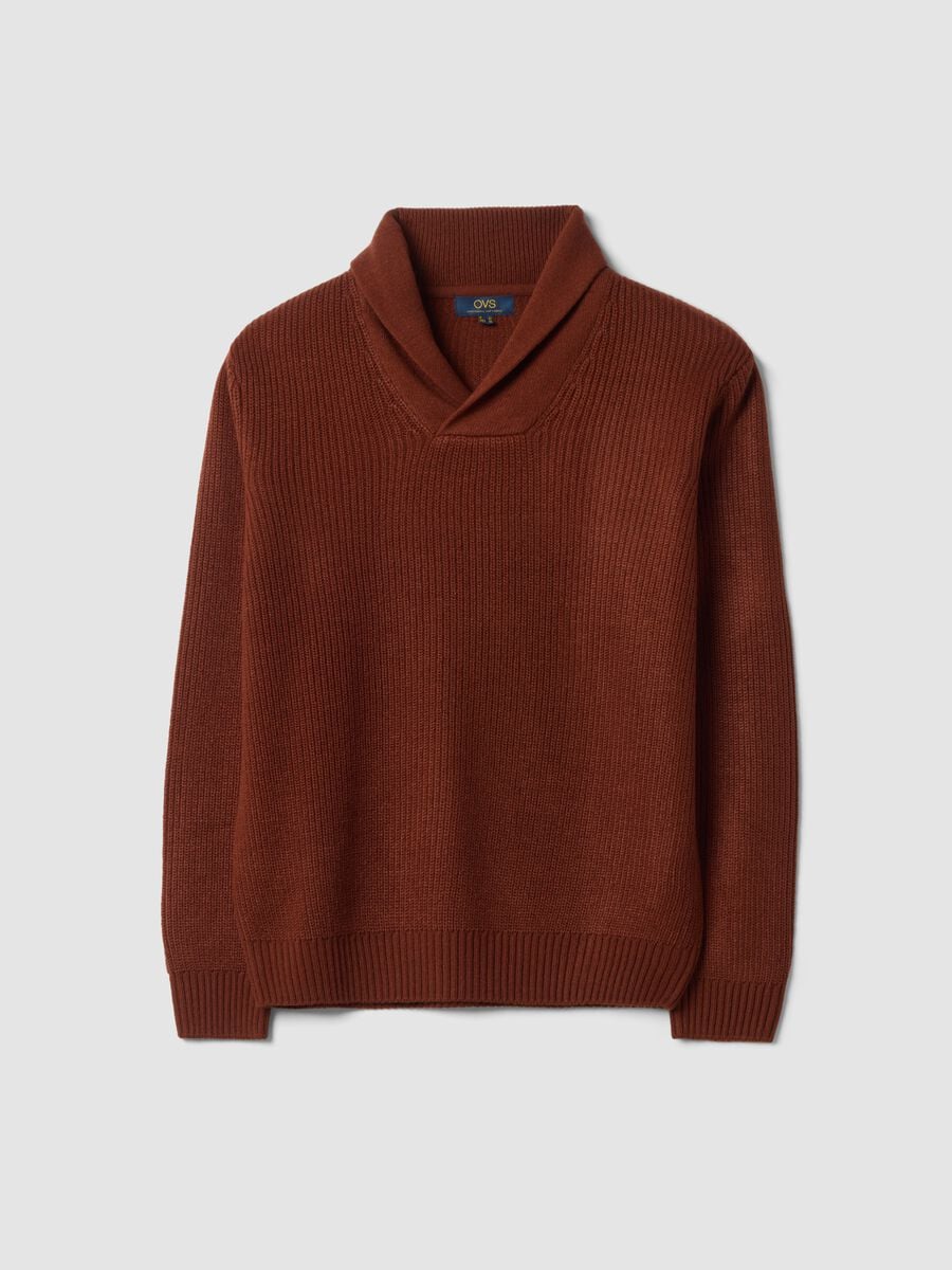 Brown ribbed jumper with shawl collar, regular fit_0