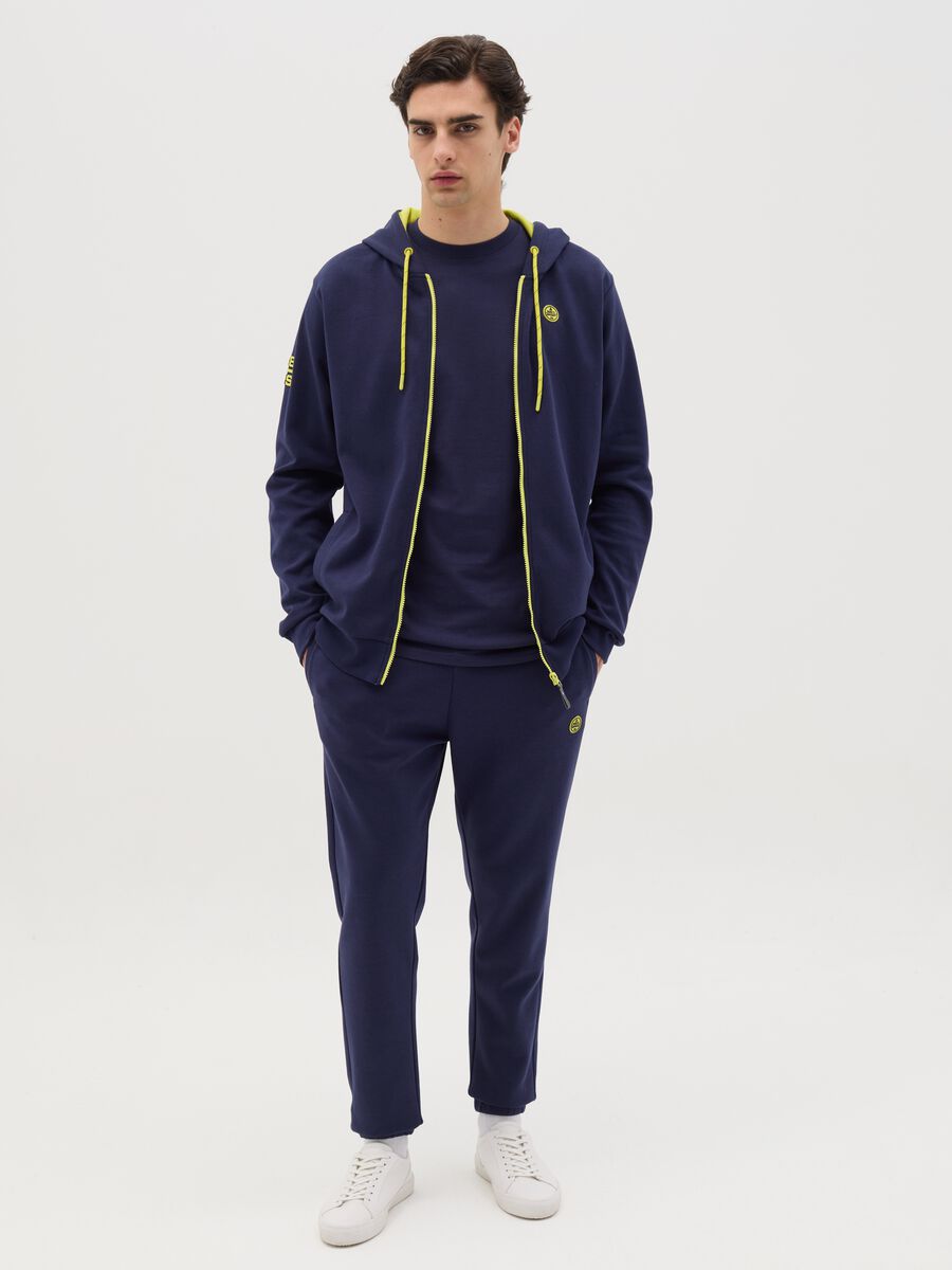 Blue full-zip sweatshirt with hood and yellow details_1