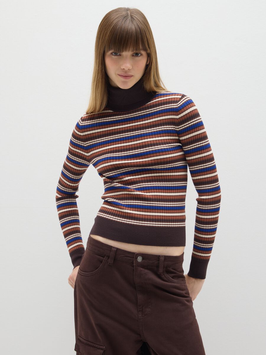 Brown Striped Turtleneck Sweater_0