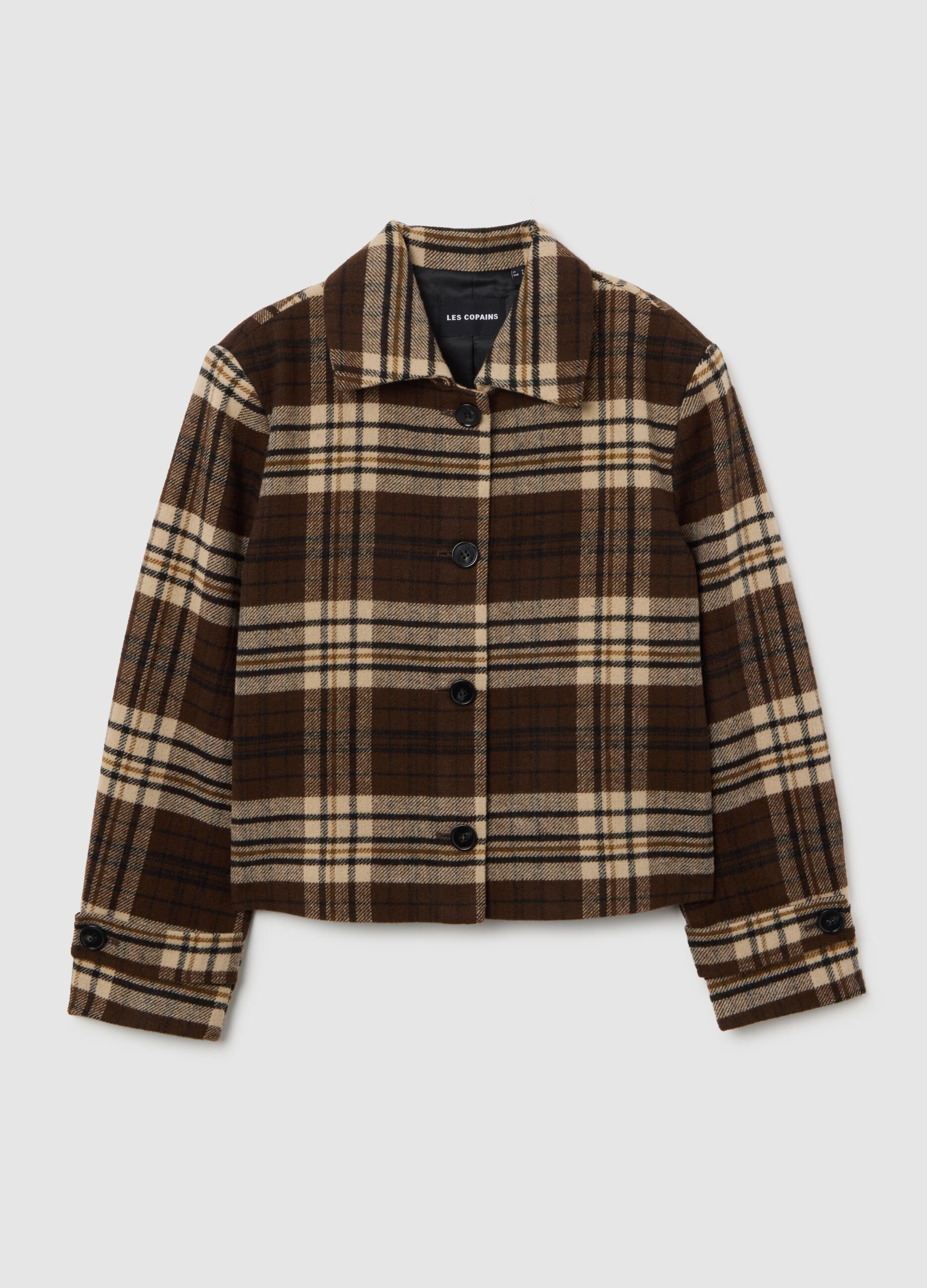 Plaid-effect brown tweed blazer