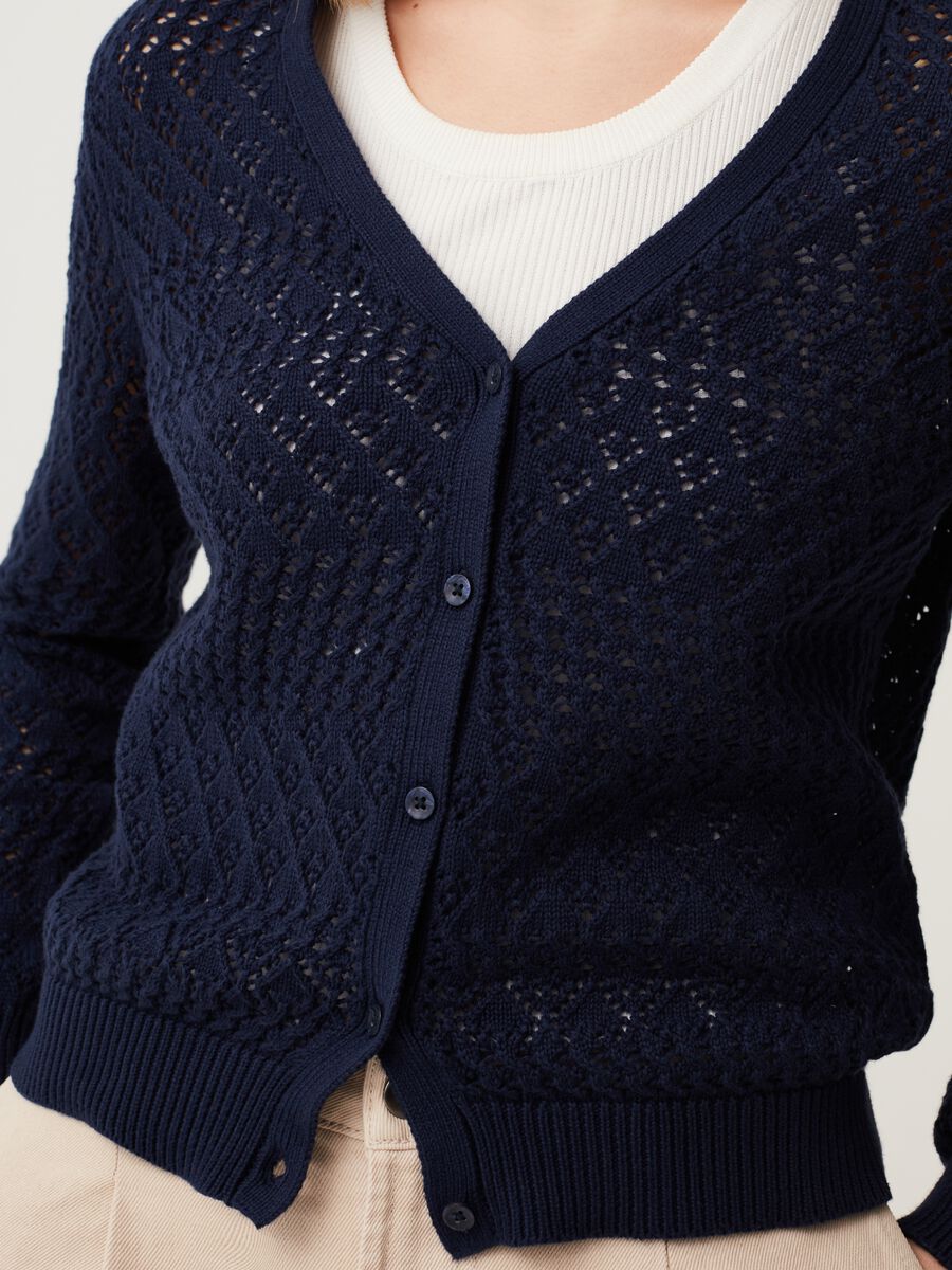 Cardigan in cotone crochet con scollo a V_3