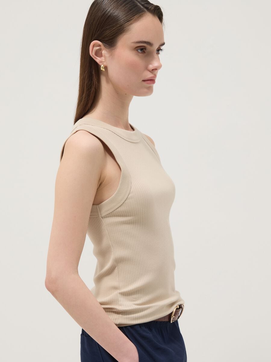 Tank top beige in cotone elasticizzato a costine fitted_0