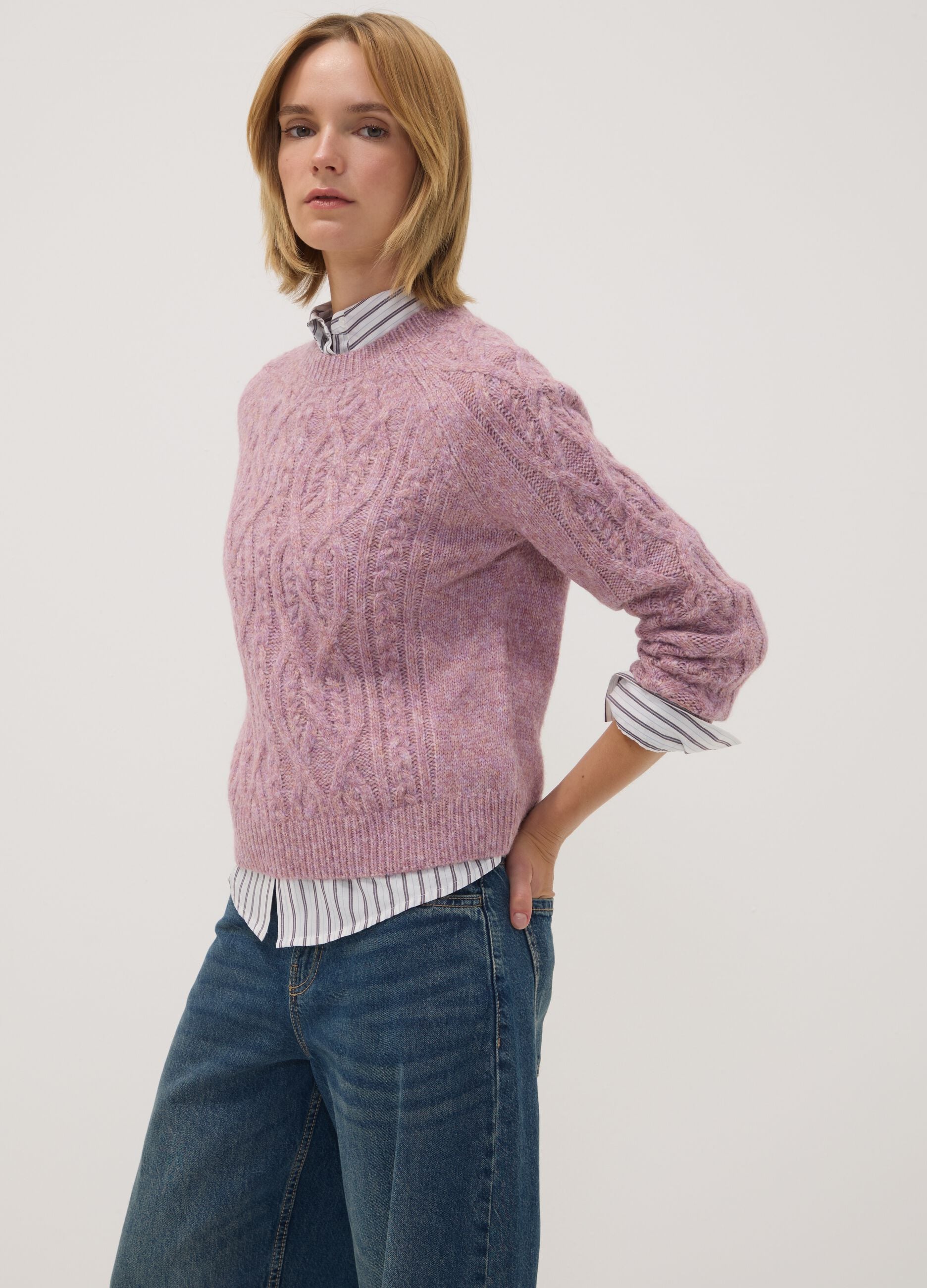 Pink wool-blend cable-knit crew neck jumper