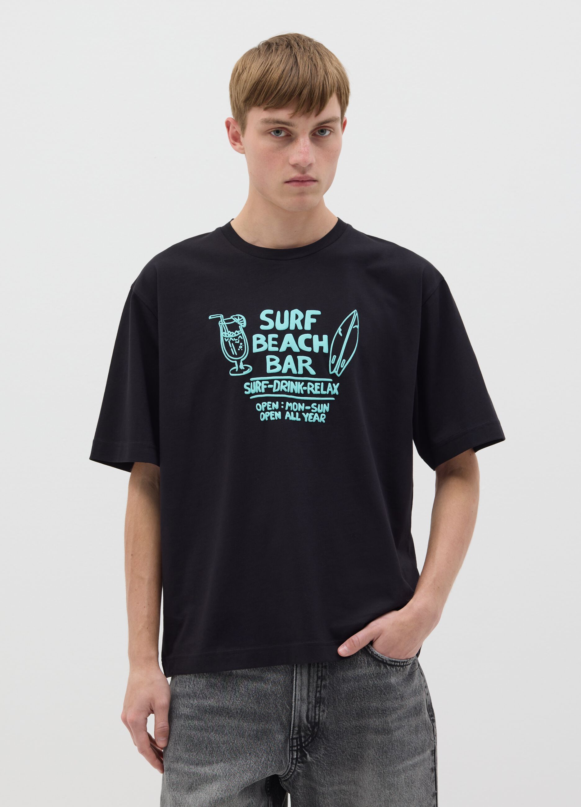 Black Short Sleeve T-shirt with Surf Beach Bar Print