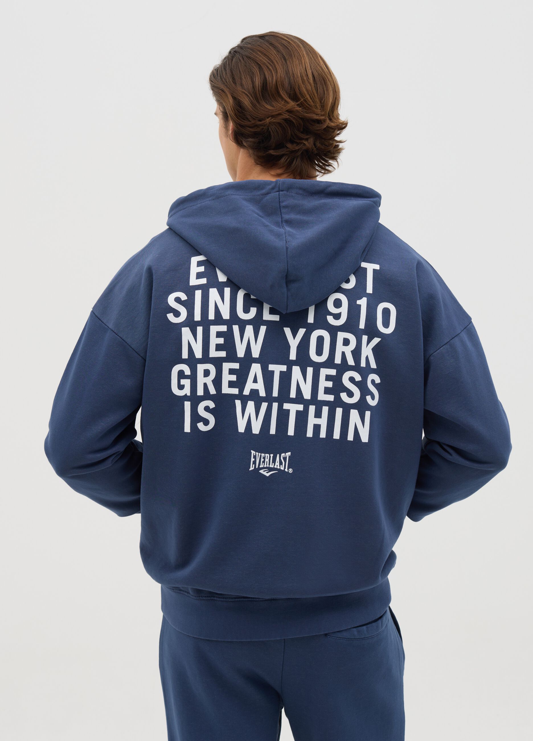 Blue full-zip sweatshirt with hood