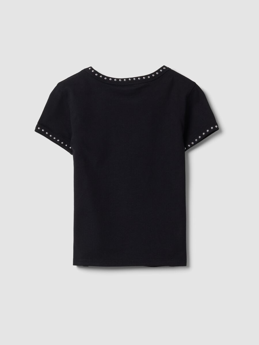 Black pure cotton slim-fit T-shirt with rhinestones for girls_4