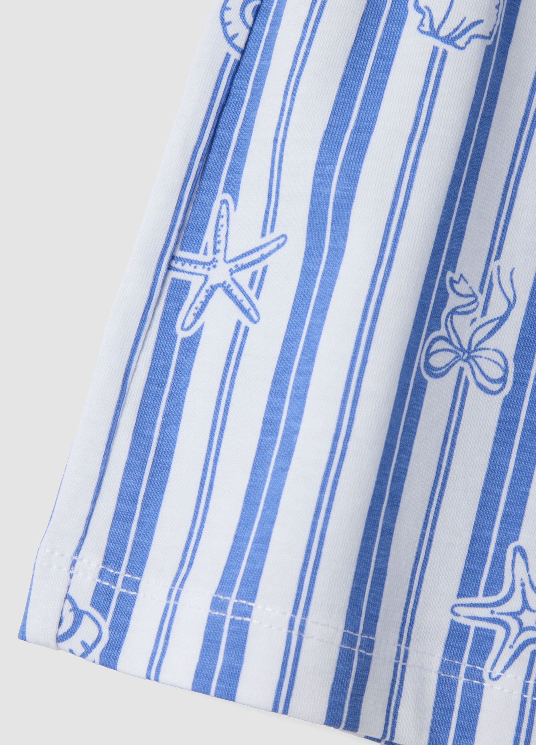 Girls&rsquo; pure cotton shorts with white and light blue stripes and prints