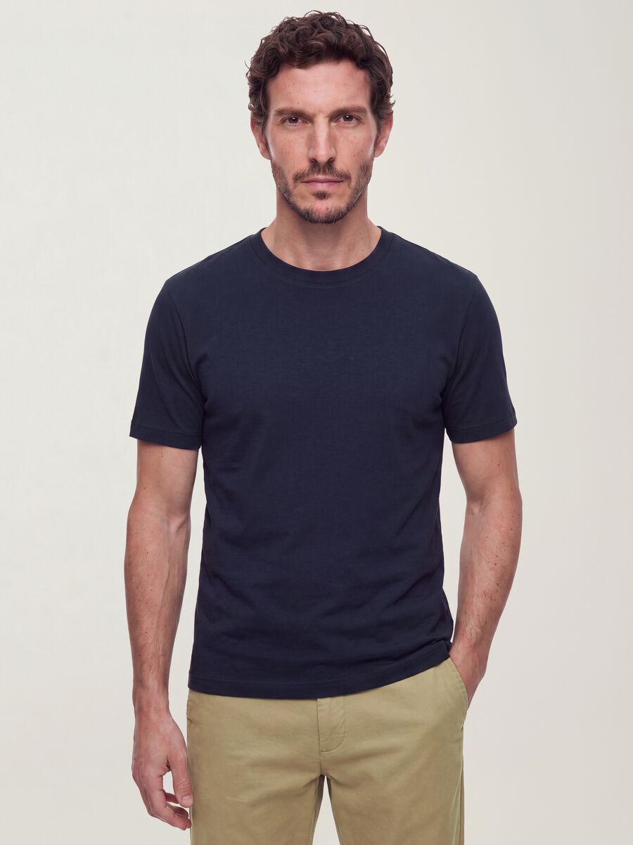 Blue pure cotton short-sleeved regular fit T-shirt_0