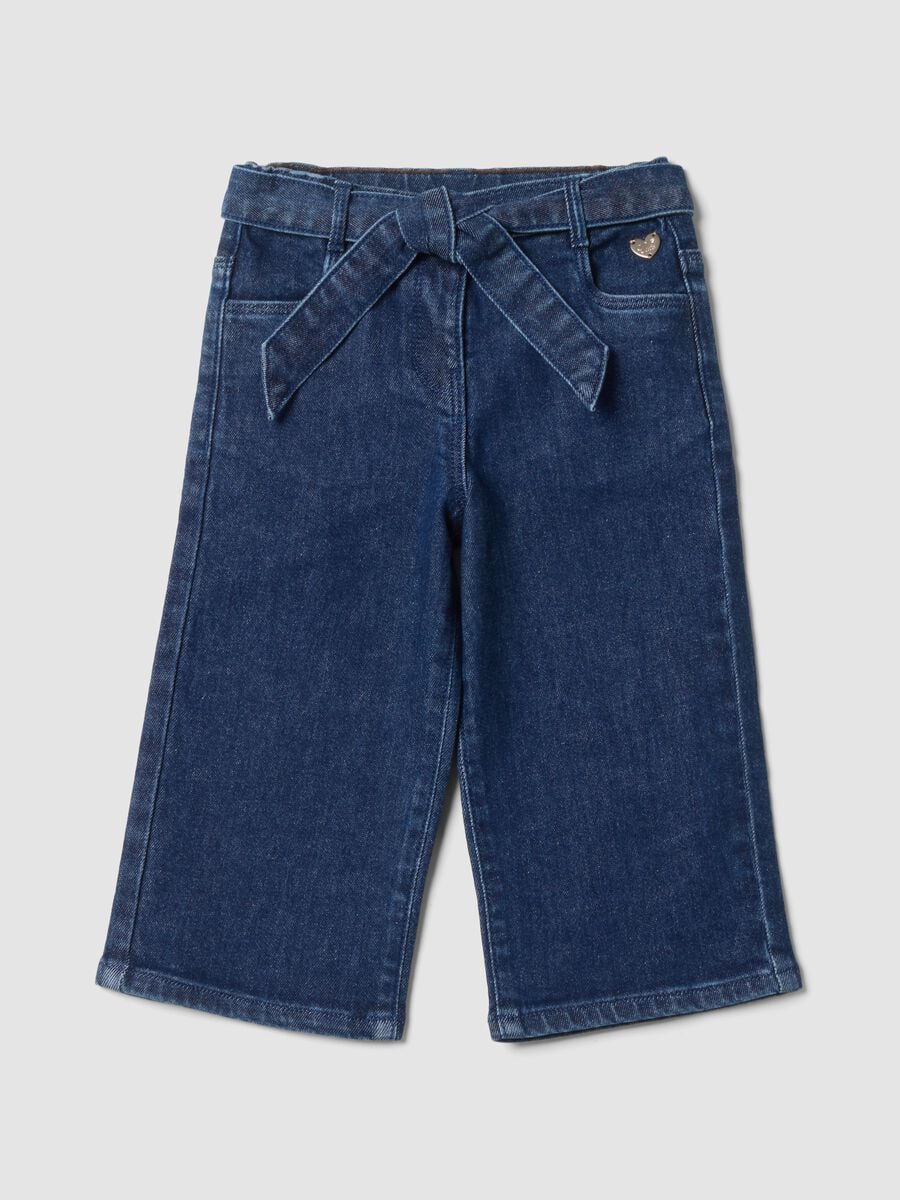 Blue stretch cotton wide-leg jeans with belt_0
