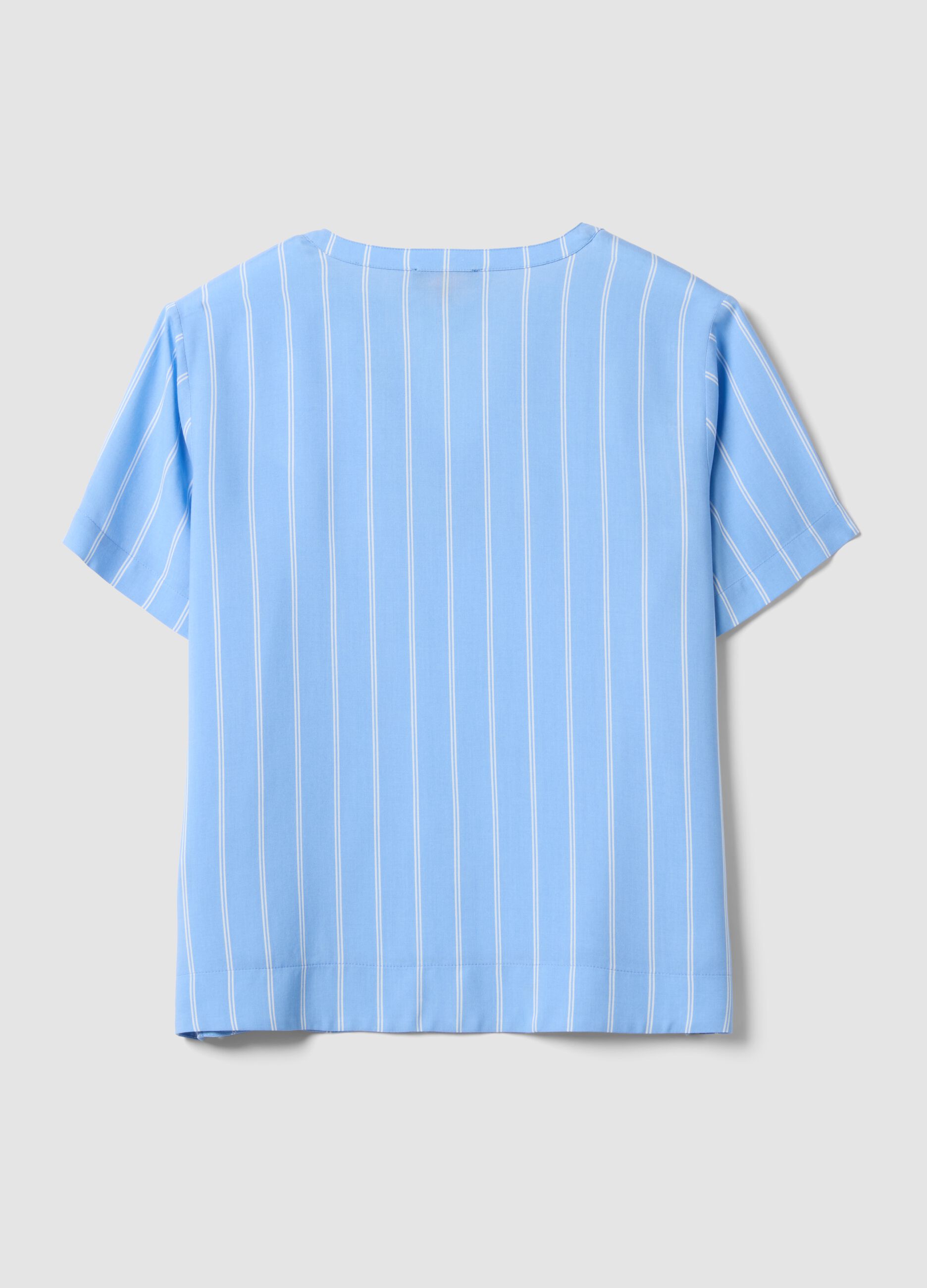 Blue striped pure viscose blouse with Mandarin collar, regular fit