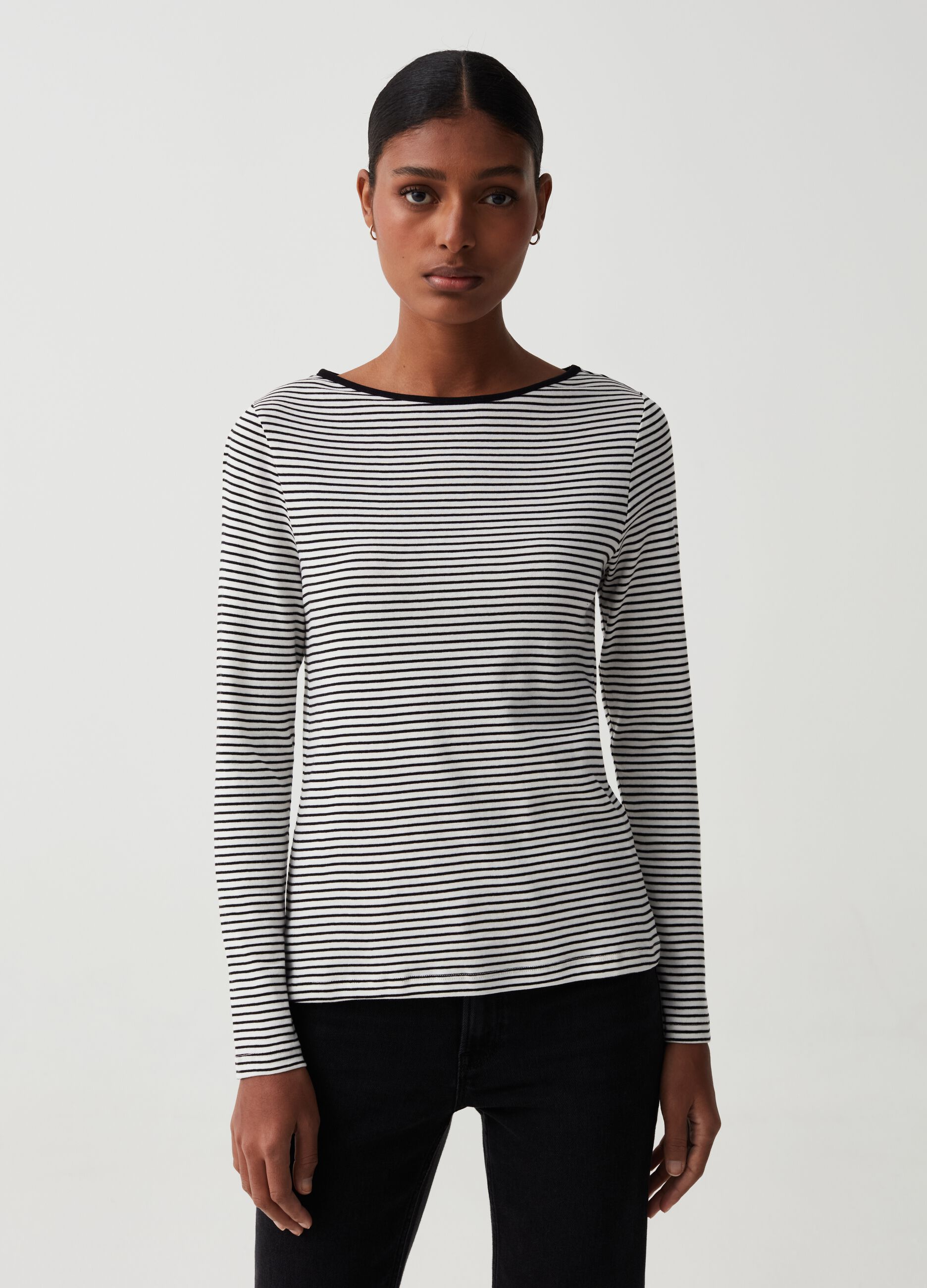 Slim striped T-shirt with boat neck