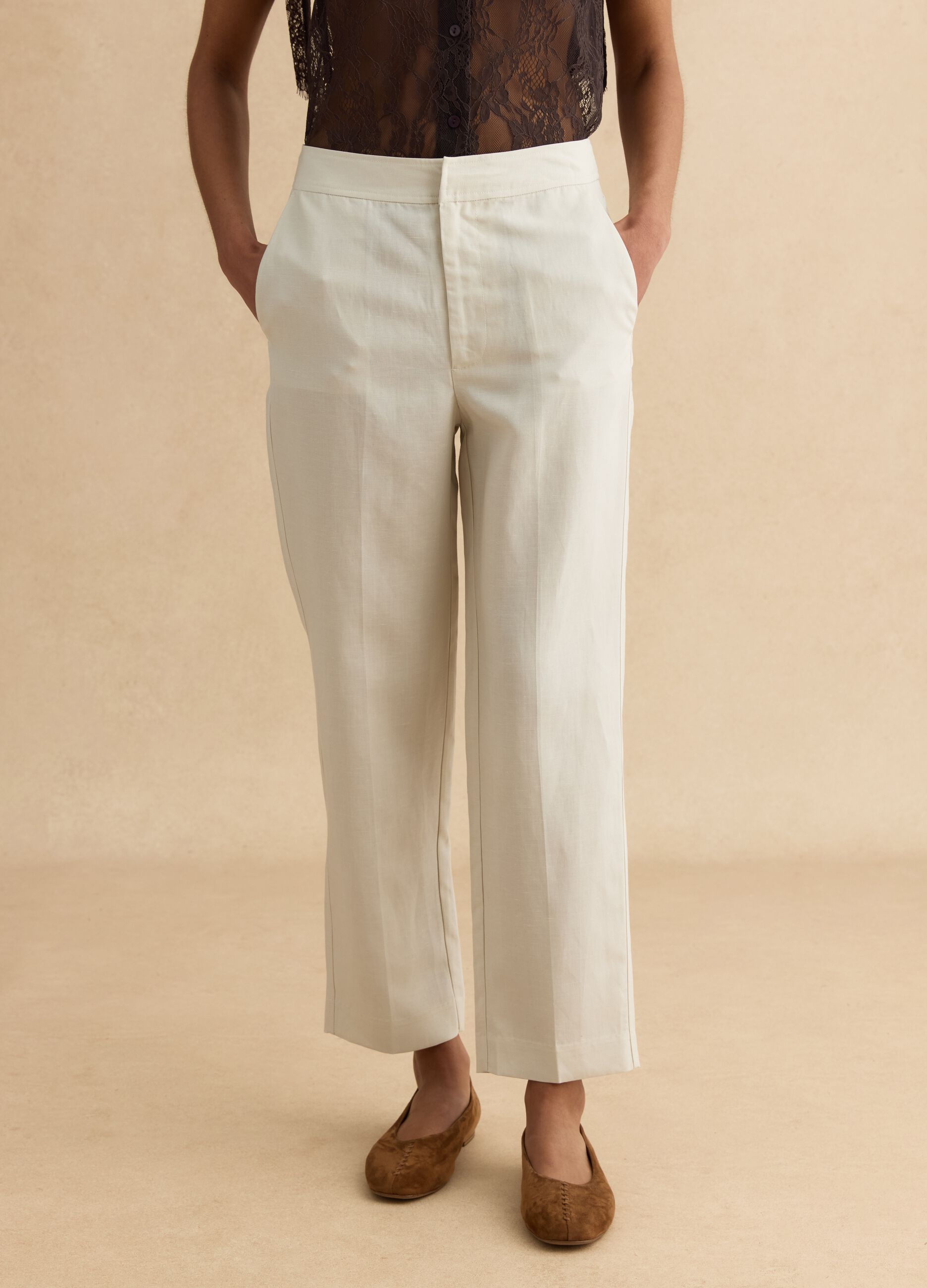 Pantaloni in misto lyocell e lino beige regular fit