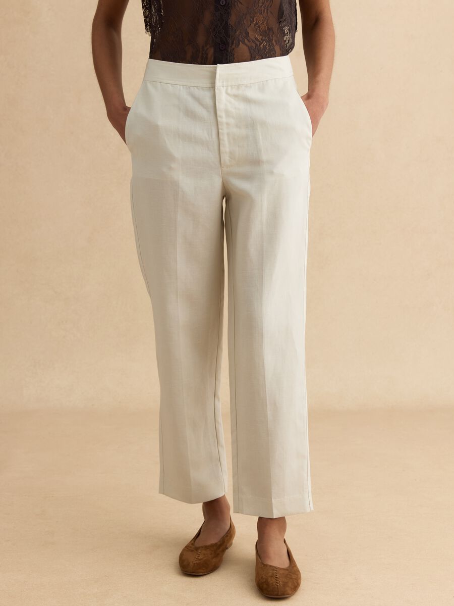 Beige Lyocell and Linen Blend Regular Fit Trousers_1