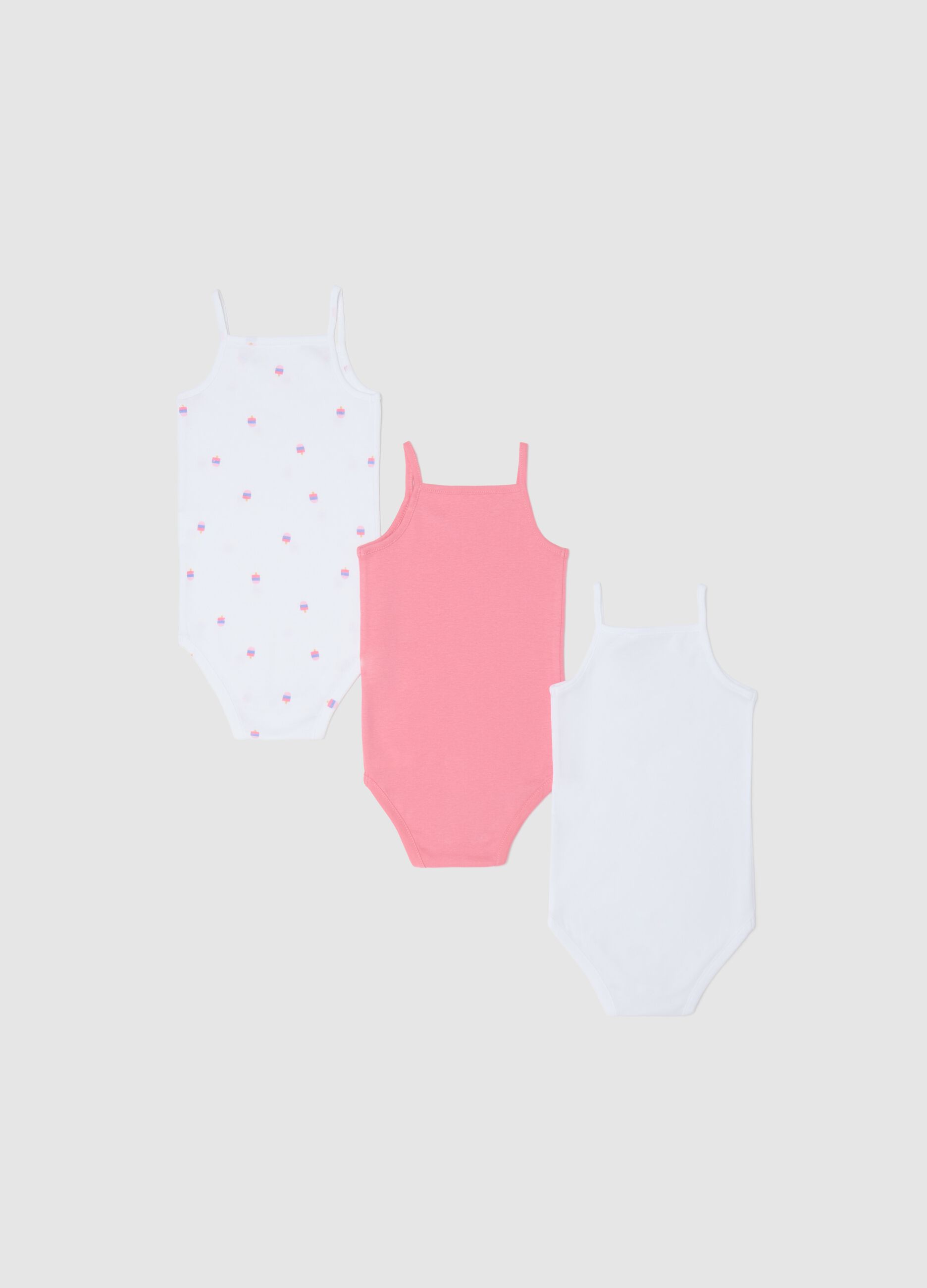 Three-pack sleeveless pink and white bodysuits in organic cotton with print